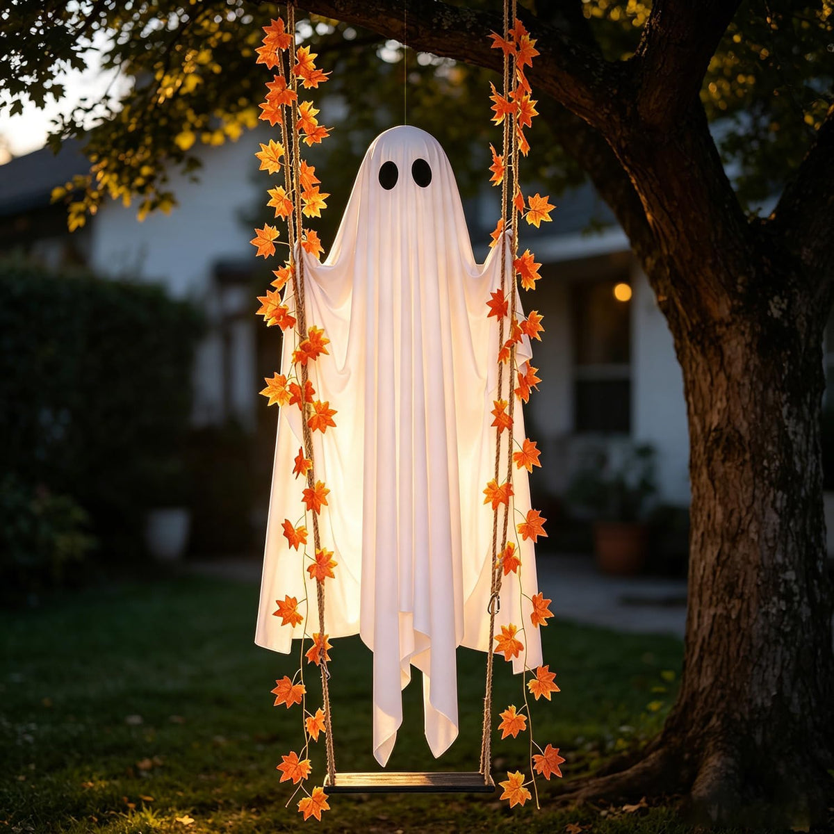 Halloween-Geisterschaukel in Ahornblattform mit Beleuchtung, wasserdichte hängende LED-Dekoration mit Fernbedienung und 8 Modi für Veranda, Hof und Garten
