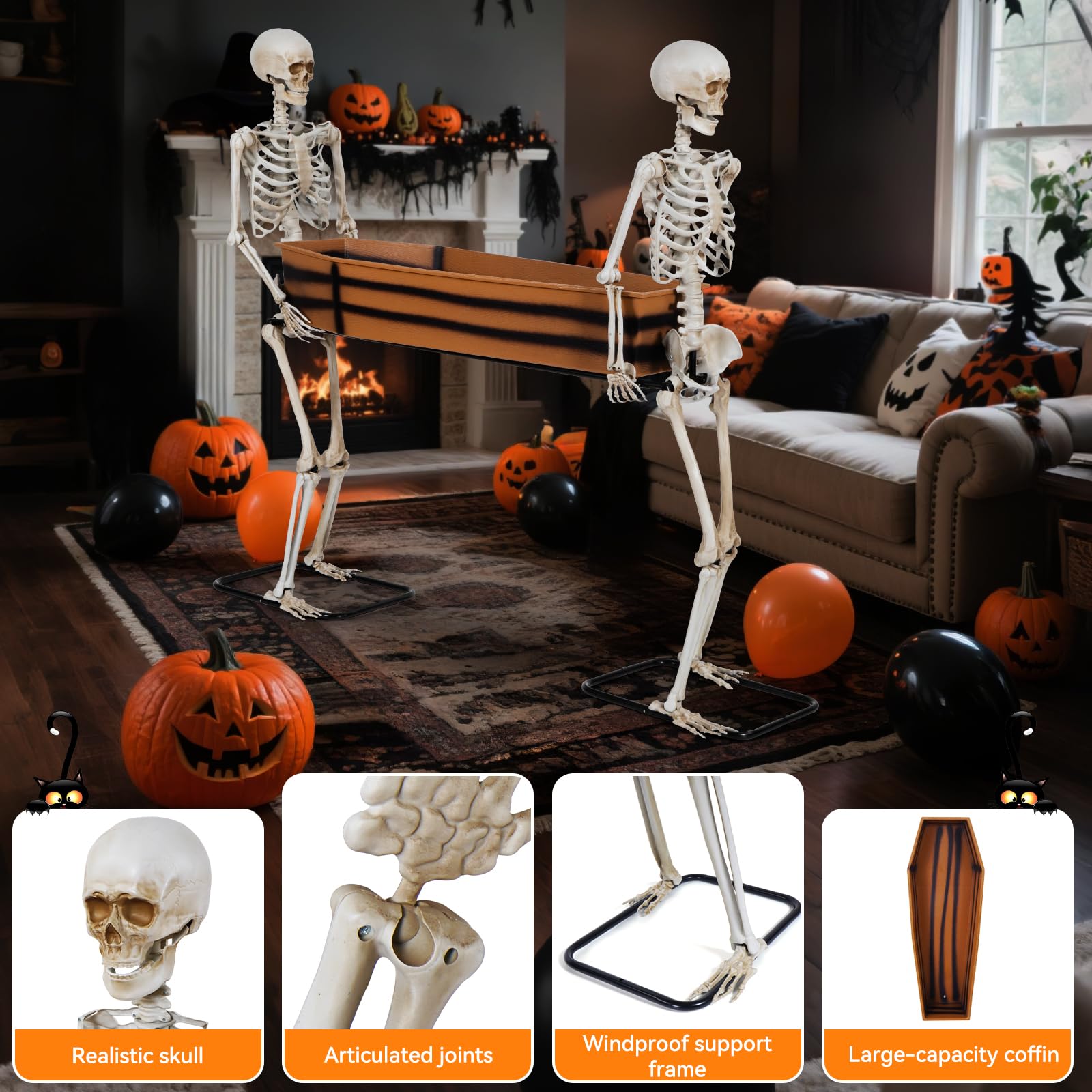 Quntis Halloween Outdoor Party Decoration - 5ft Skeleton Carrying Coffin [Last for Seasons] - Realistic Life Size Undead Pallbearers Set Drink Cooler - Spooky Graveyard Halloween Display