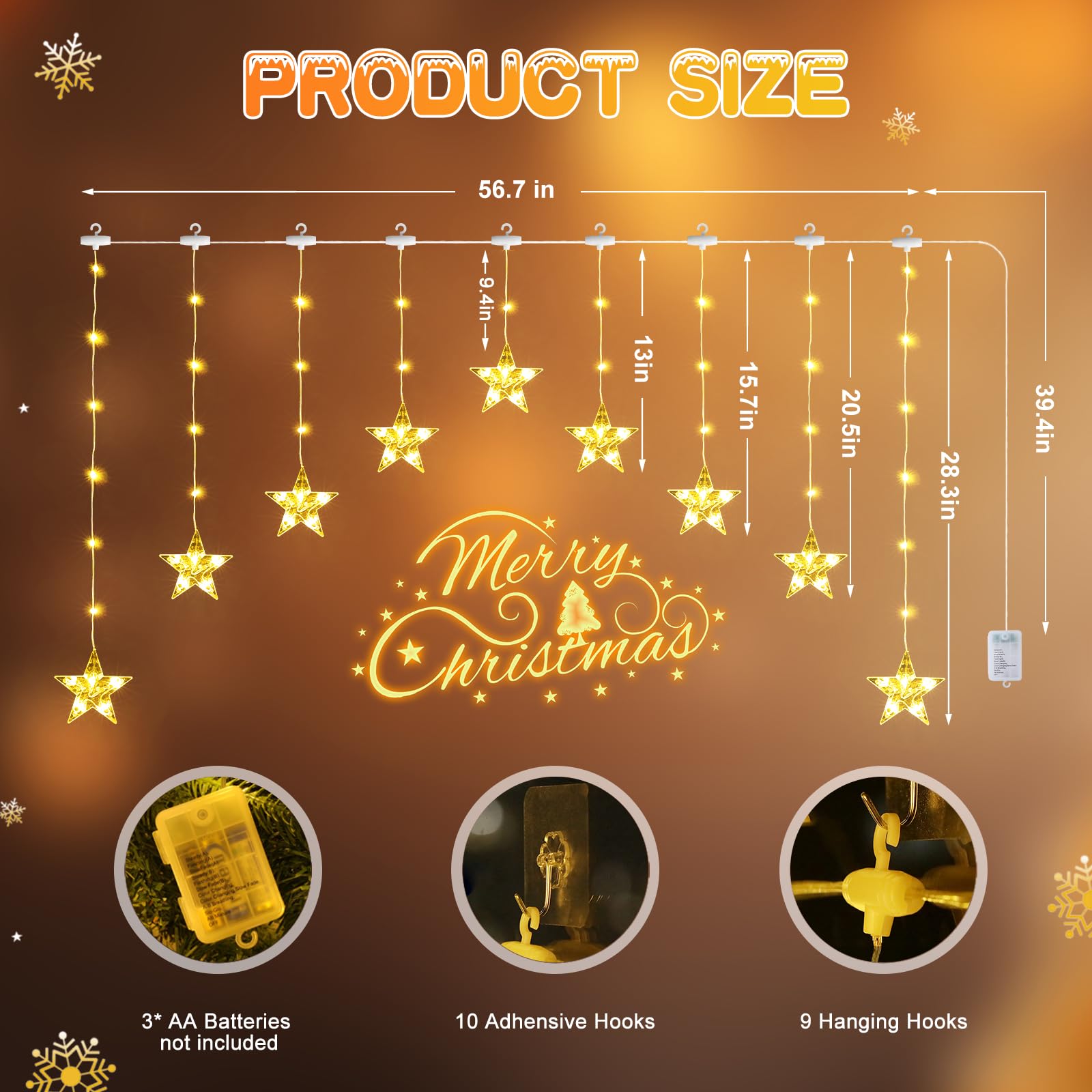 Quntis Christmas Curtain Lights Color Changing, 76LED 9 Stars Battery Operated Christmas Window Lights with Timer & 11 Mode, Waterproof Star Light String for Diwali Christmas Decoration Outdoor Indoor