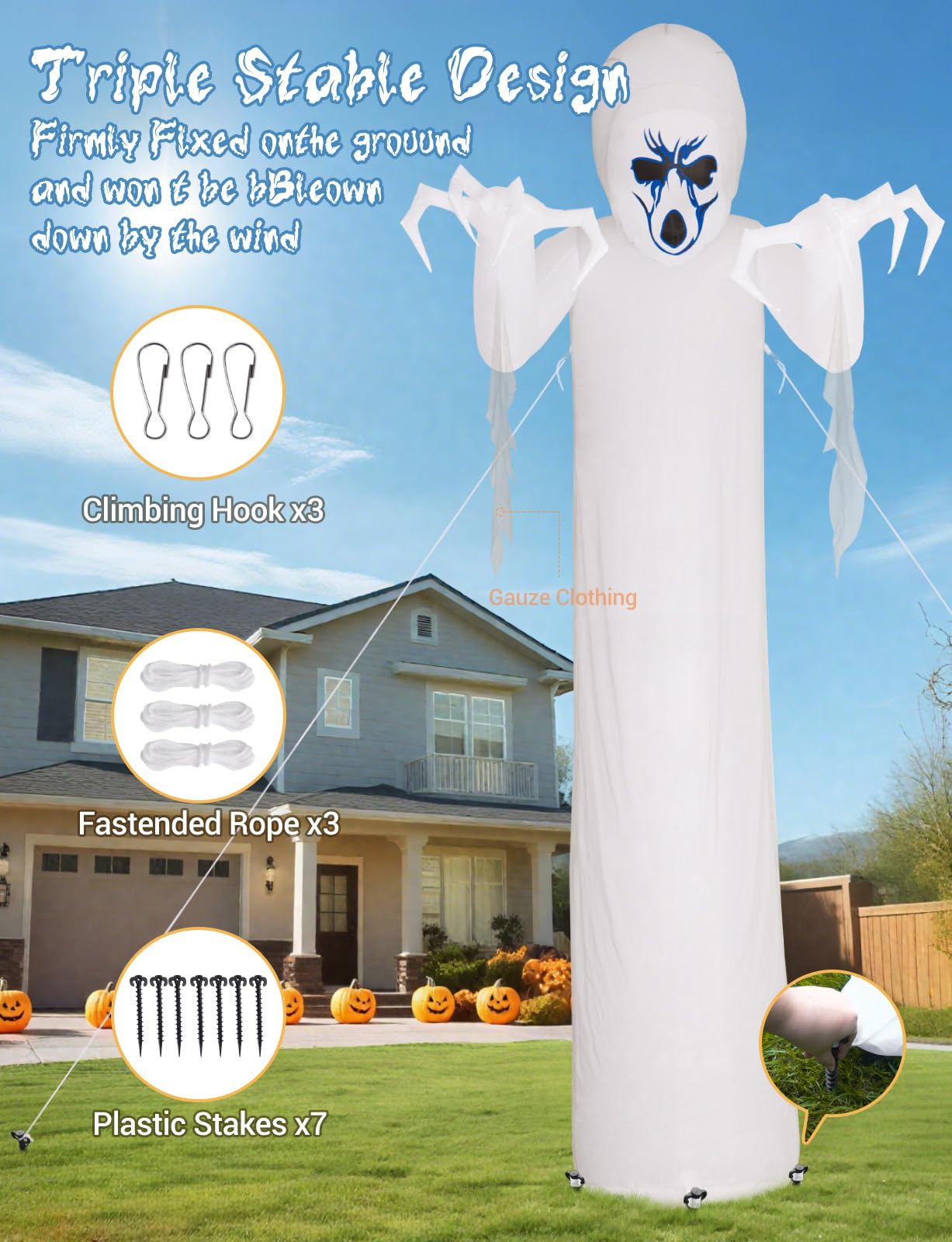 Quntis 12FT Giant Halloween Inflatable with Flowing Gauze, 7-Mode Color Changing RGB Lights, Scary White Ghost Halloween Blow Up Yard Decorations Outdoor for Lawn Garden Porch Party