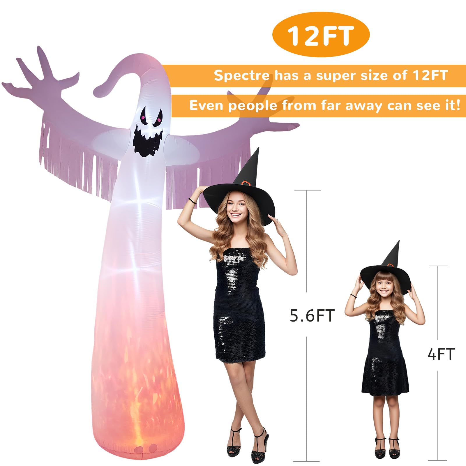 12FT Halloween Inflatables Outdoor Decorations: Inflatable Ghost with Fire Flame and Blinking Red Eyes, Blow up Decor for Yard Garden Lawn Home Holiday Party