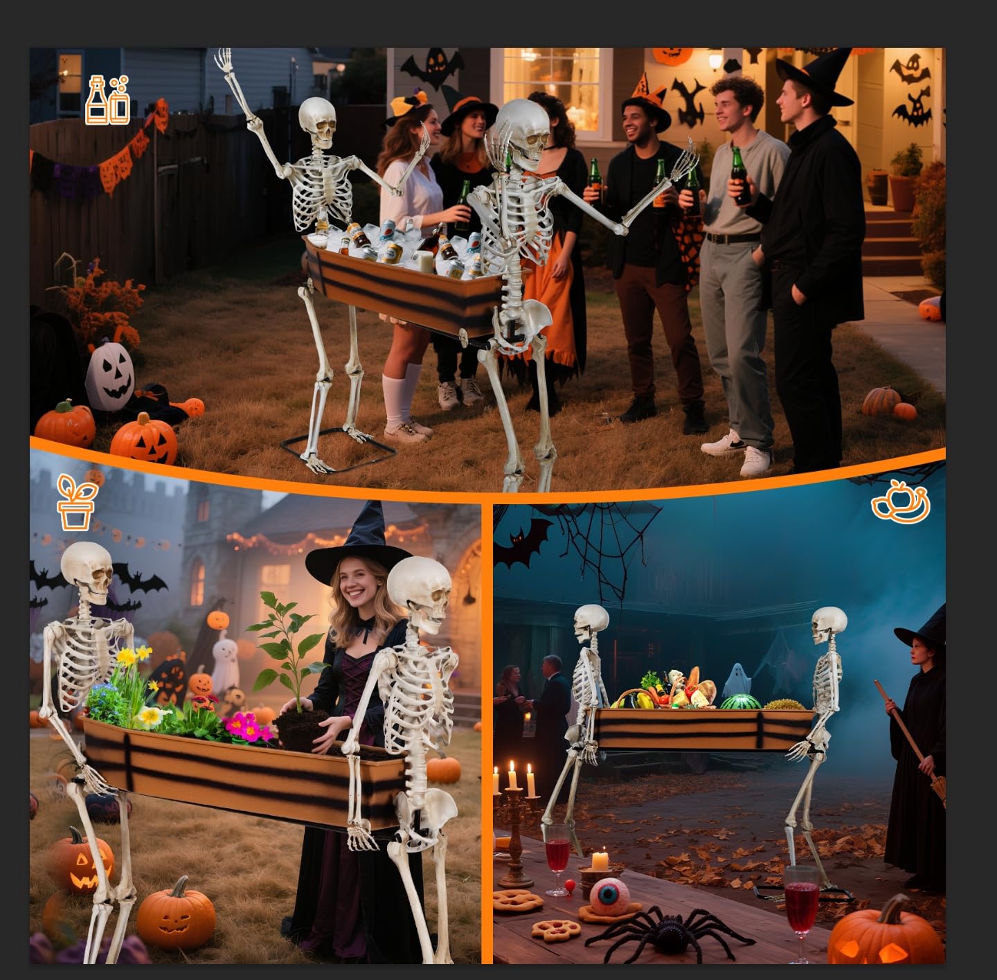 Quntis Halloween Outdoor Party Decoration - 5ft Skeleton Carrying Coffin [Last for Seasons] - Realistic Life Size Undead Pallbearers Set Drink Cooler - Spooky Graveyard Halloween Display