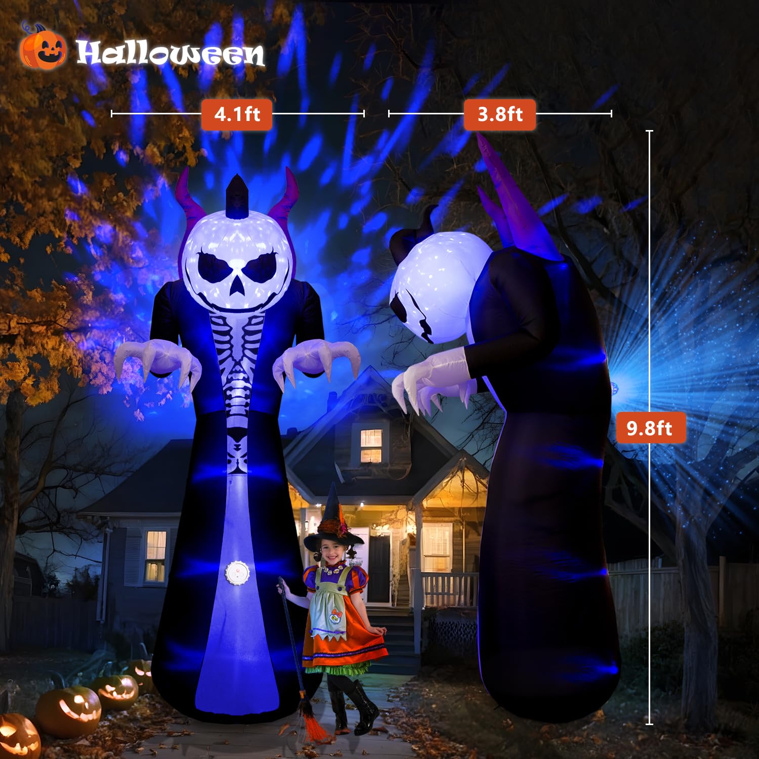 10FT Halloween Inflatable Grim Reaper Ghost – Screaming Horn, Flame Projection, and Pumpkin Head, Outdoor Blow-Up Yard Decoration for Lawn and Garden