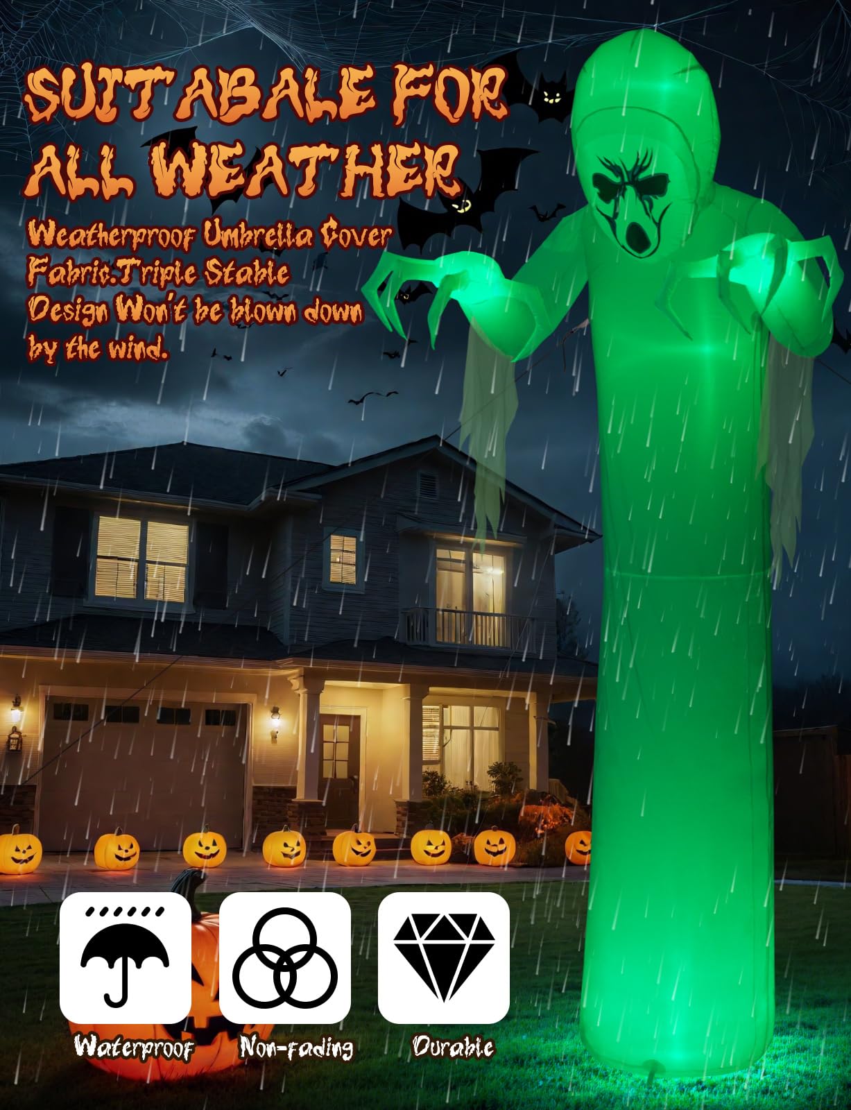 Quntis 12FT Giant Halloween Inflatable with Flowing Gauze, 7-Mode Color Changing RGB Lights, Scary White Ghost Halloween Blow Up Yard Decorations Outdoor for Lawn Garden Porch Party