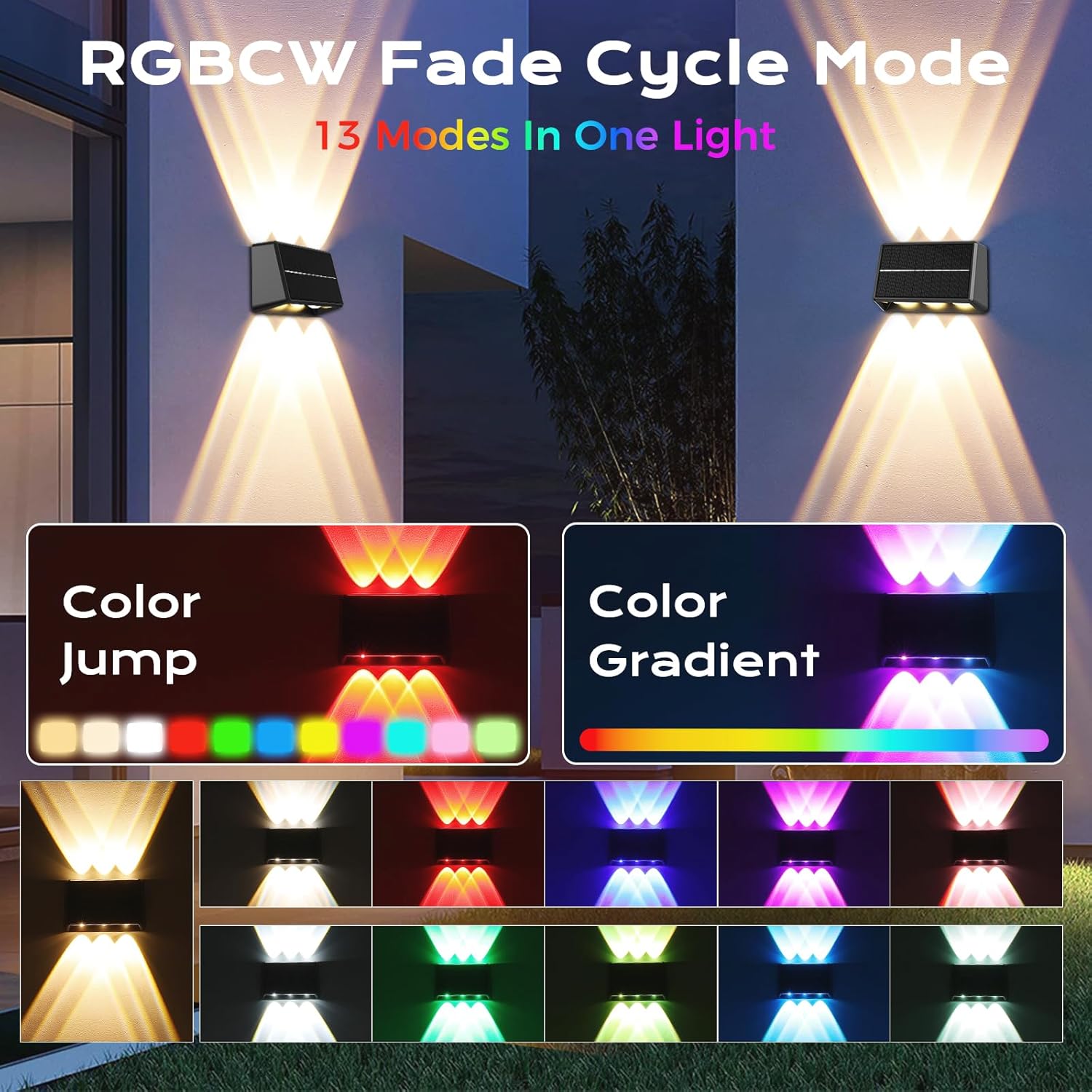 Quntis RGBCW Solar Fence Lights (4 Pack), 6-LED Up and Down Outdoor Wall Lights, IP65 Waterproof Wireless Solar Powered Sconces for Garden, Yard, Patio, and Pathway Decor