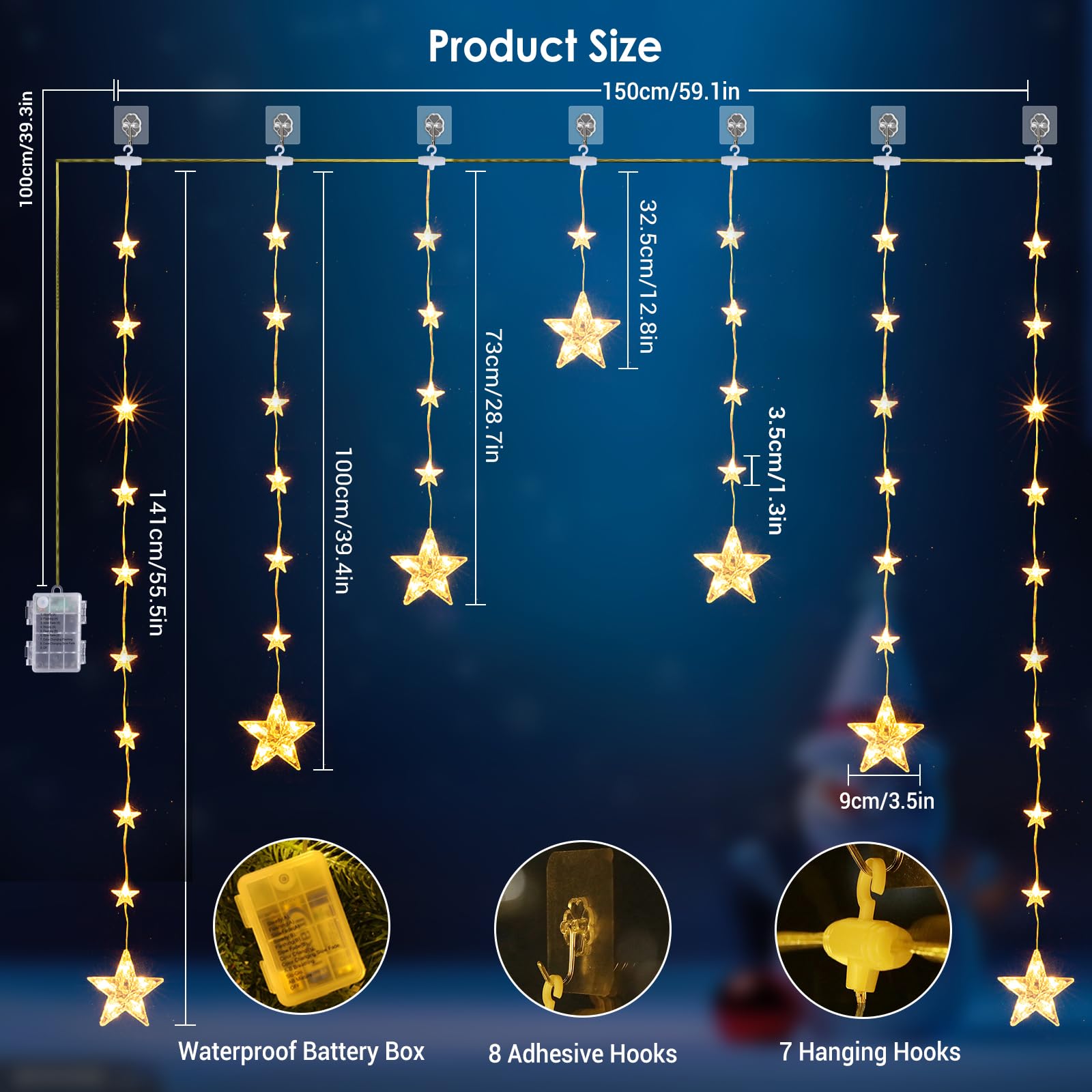Quntis Christmas Star Window Lights, 1.5m 46 Led Star Curtain Lights 8 Modes Ip65 Waterproof Warm White & RGB Fairy Lights Battery Operated for Indoor Outdoor Home Bedroom Garden Party Decoration