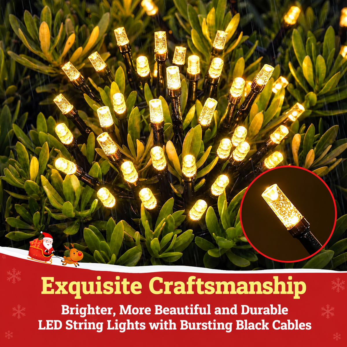 Quntis 65.6FT 400 LED Bubble Christmas Lights, 2100K Warm White Flat-Top Bulbs, 5cm Spacing, Black Wire, 8 Modes