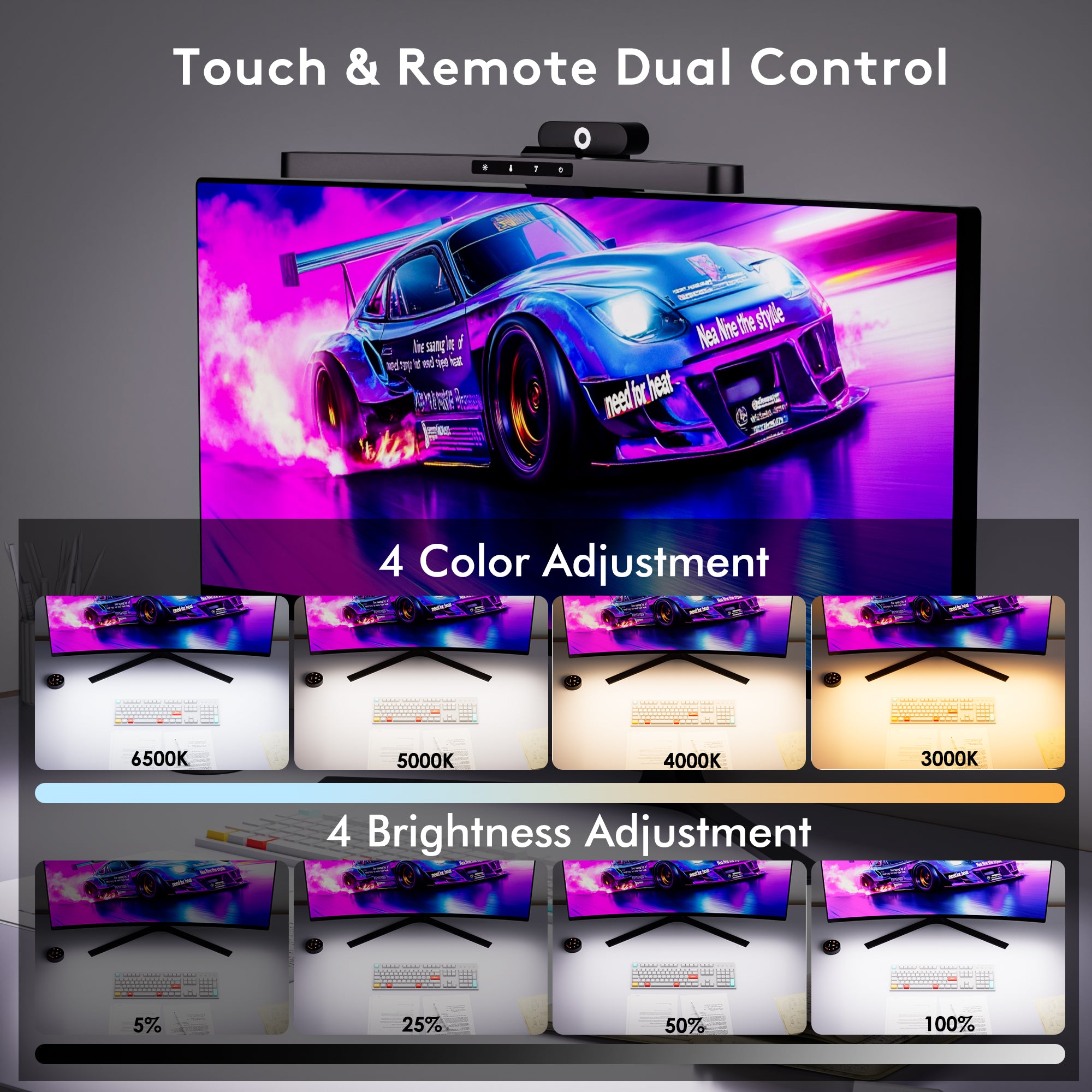 Quntis Curved Monitor Light Bar with Dual Control – Adjustable Brightness & Color Temperature, 11 RGB Modes, Designed for Curved Screens