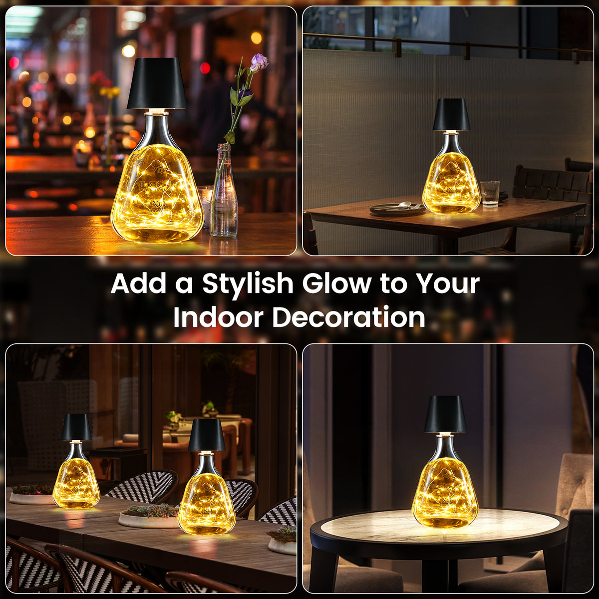 Quntis Cordless Bottle Lamp, Rechargeable LED Wine Bottle Light, Touch Bottle Table Lamp with 2M 4 LED Copper Wire, 3 Color Temperatures Dimming Dining Bar Light for Bedrooms Restaurants Bars