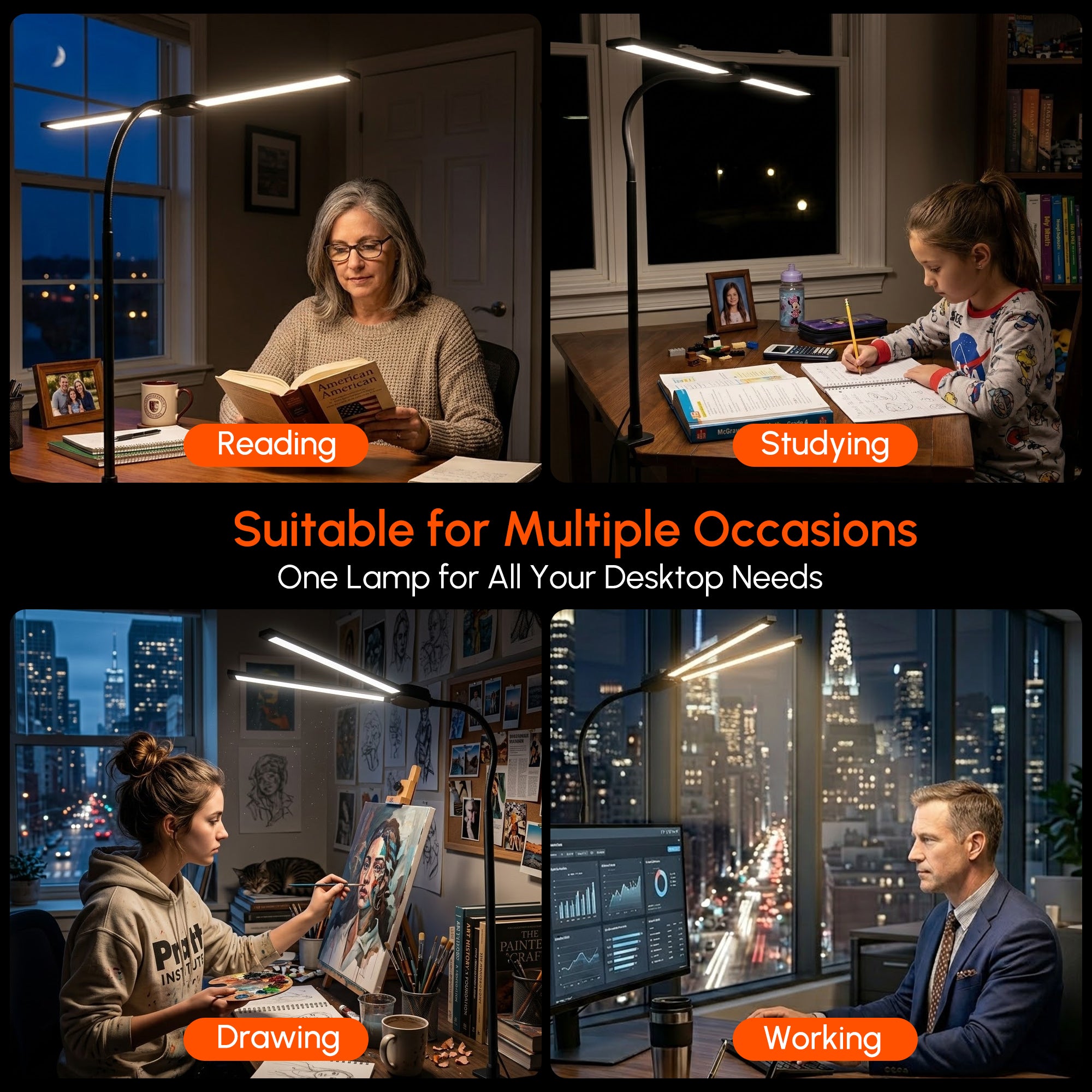 Quntis Dual-Head LED Desk Lamp with Clamp, Ultra-Wide Office Lamp for Dual Monitors, 360° Flexible Gooseneck Architect Lamp with Auto-Timer & Touch Control, CRI>90 Eye-Caring Task Light - Black
