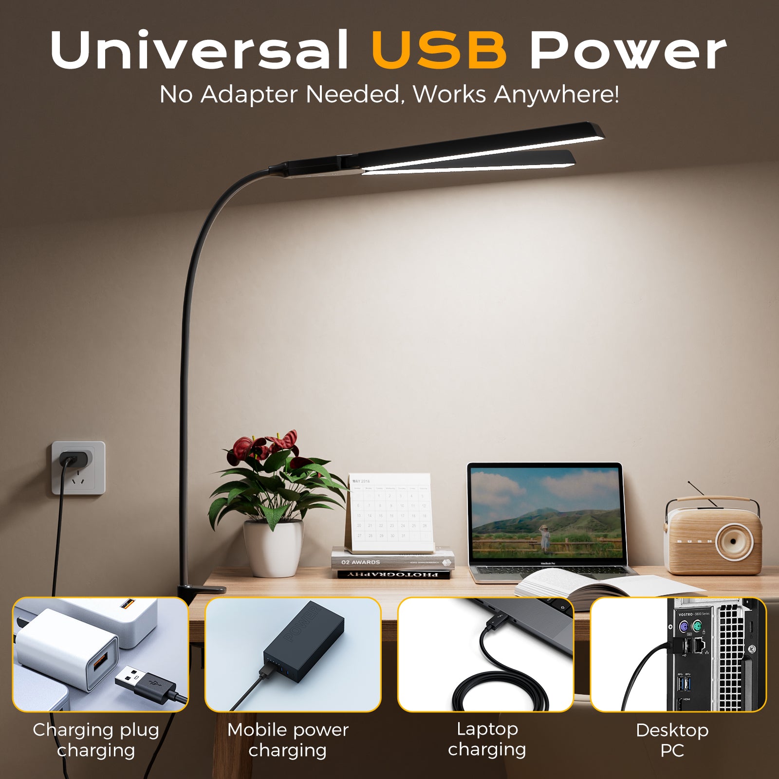 Dual-Head Eye-Caring Desk Lamp, No Blue Light, USB Powered, Dimmable LED Clamp Light for Reading, Study & Office, Soft Light That Won’t Hurt Eyes