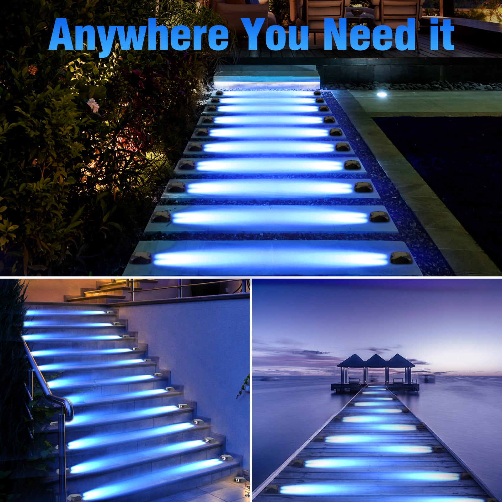 Quntis Solar Deck Lights Blue, IP65 Waterproof Dusk to Dawn Ground Lights, High Visibility Solar Powered Outdoor Lighting for Deck, Step and Pathway