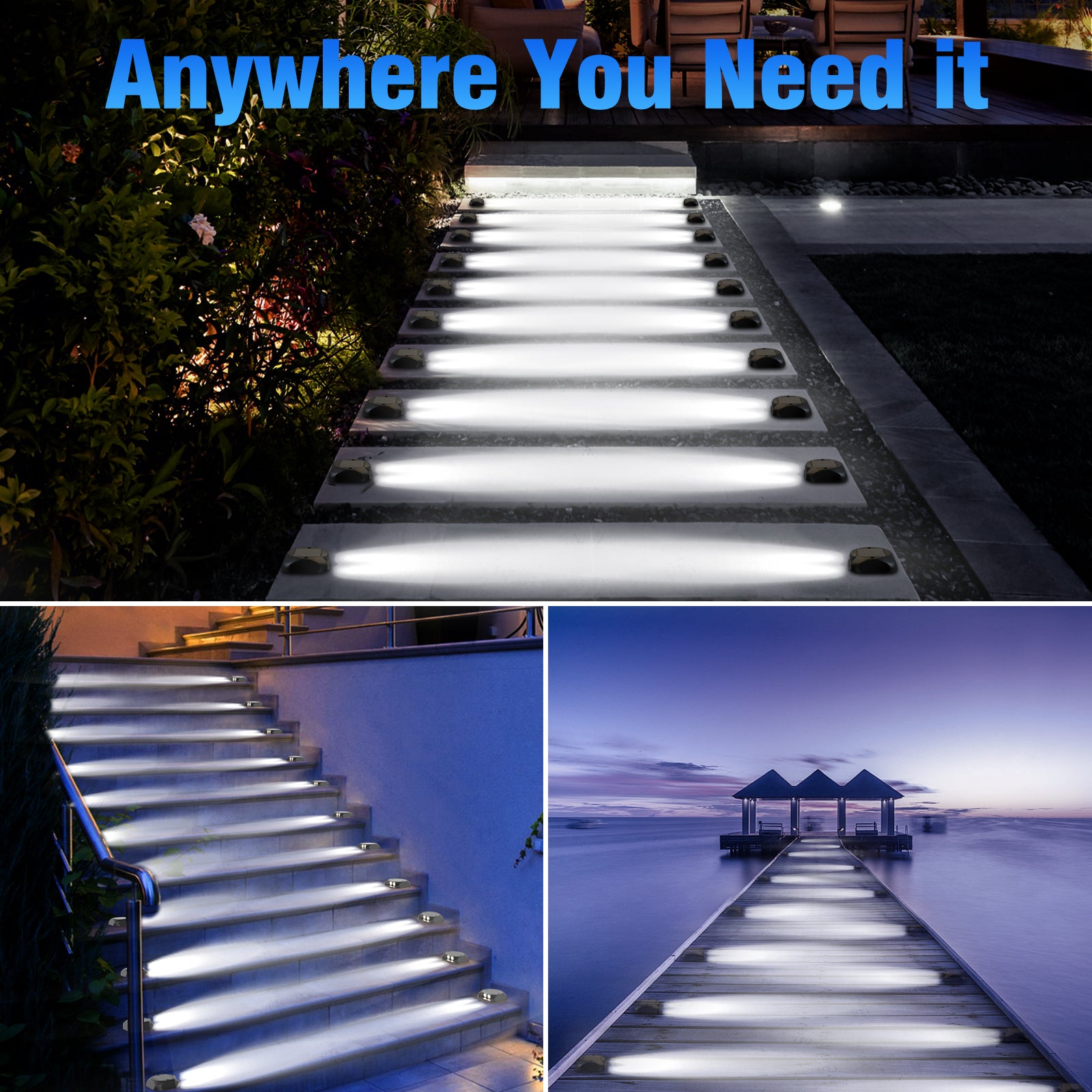 Quntis Solar Deck Lights Cool White, IP65 Waterproof Dusk to Dawn Ground Lights, High Visibility Solar Powered Outdoor Lighting for Deck, Step and Pathway