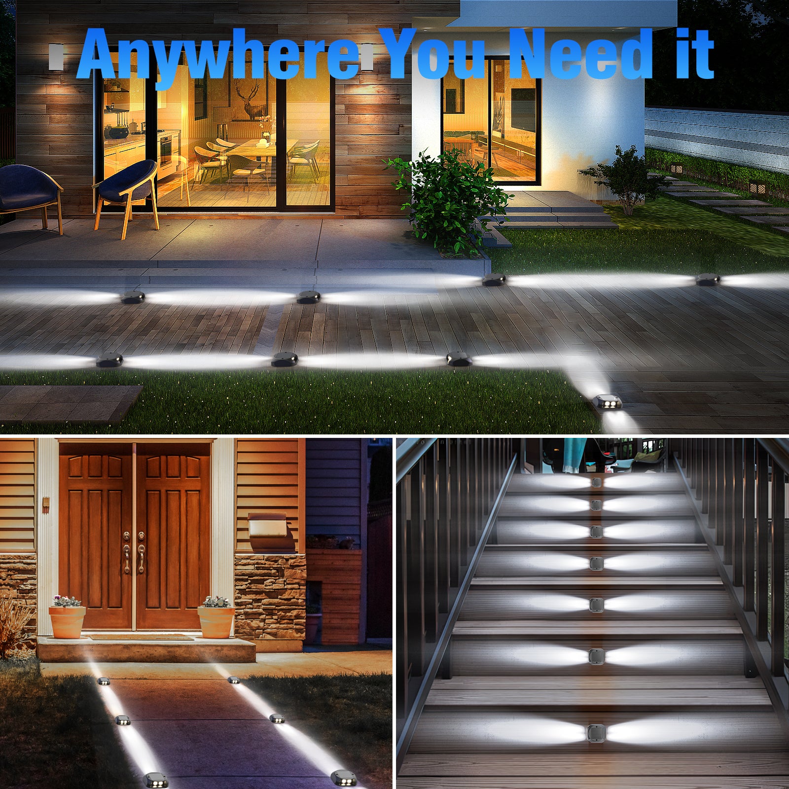 Quntis Solar Deck Lights Outdoor, Two-Way LED Cool White Ground Lights, IP65 Waterproof Dusk to Dawn Lighting for Pathway, Step, Driveway and Garden