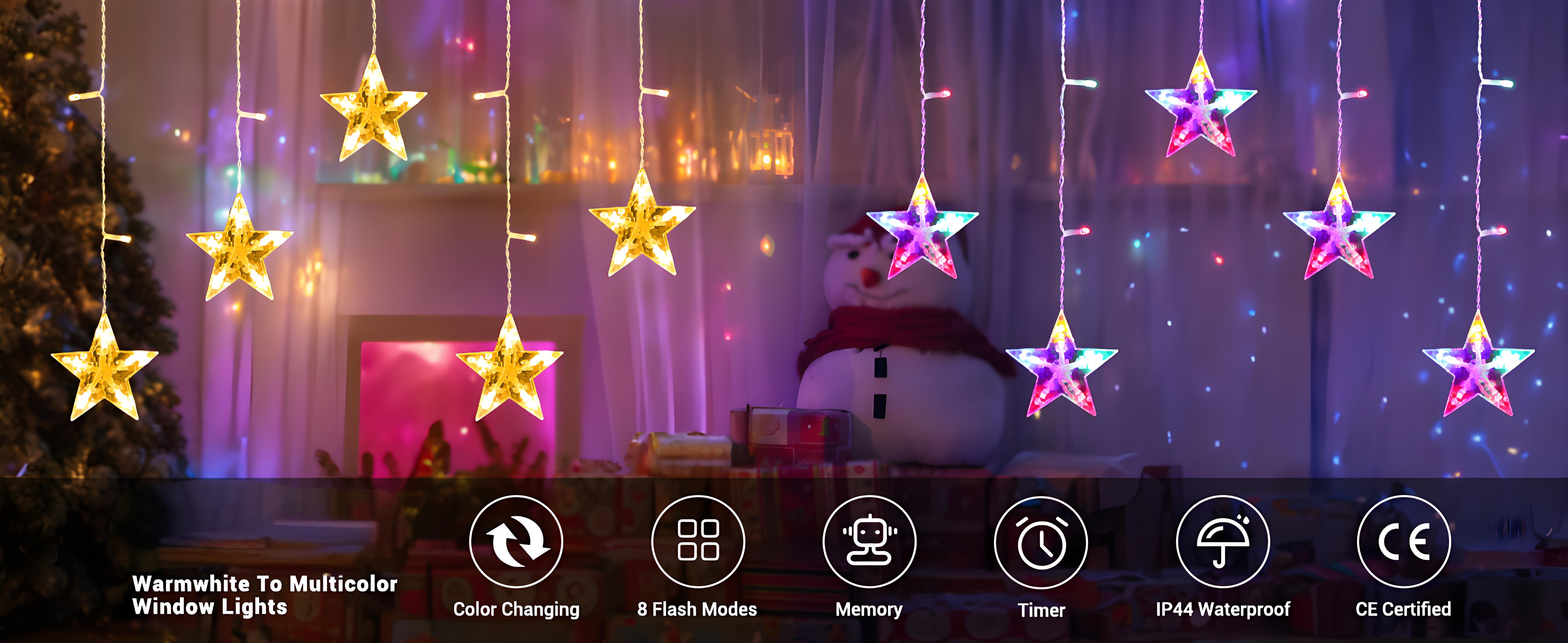 Quntis スターカーテンライト – 5つのきらめく星、36個のLED、タイマー