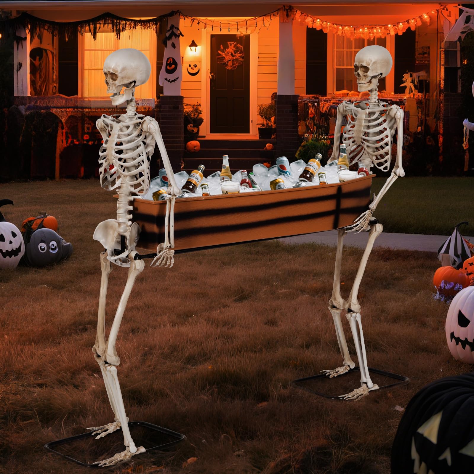 Quntis Halloween Outdoor Party Decoration - 5ft Skeleton Carrying Coffin [Last for Seasons] - Realistic Life Size Undead Pallbearers Set Drink Cooler - Spooky Graveyard Halloween Display