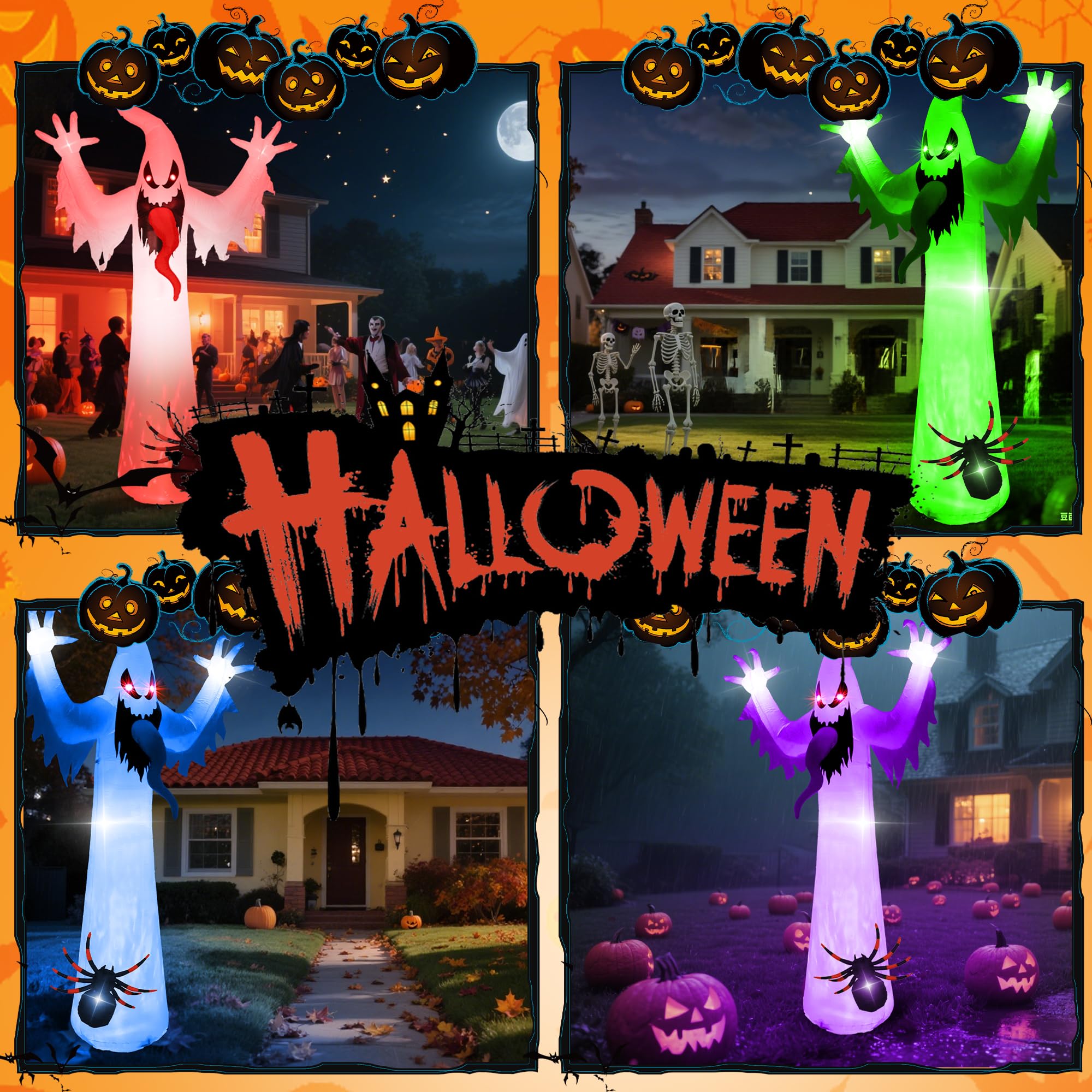 Quntis 12FT 8-Color Changing Halloween Inflatables Outdoor,Led Lighted Inflatable Spooky Ghost Spider Blow Up Yard Decorations with Scary Sound for Halloween Party Indoor,Yard,Garden,Lawn Decorations