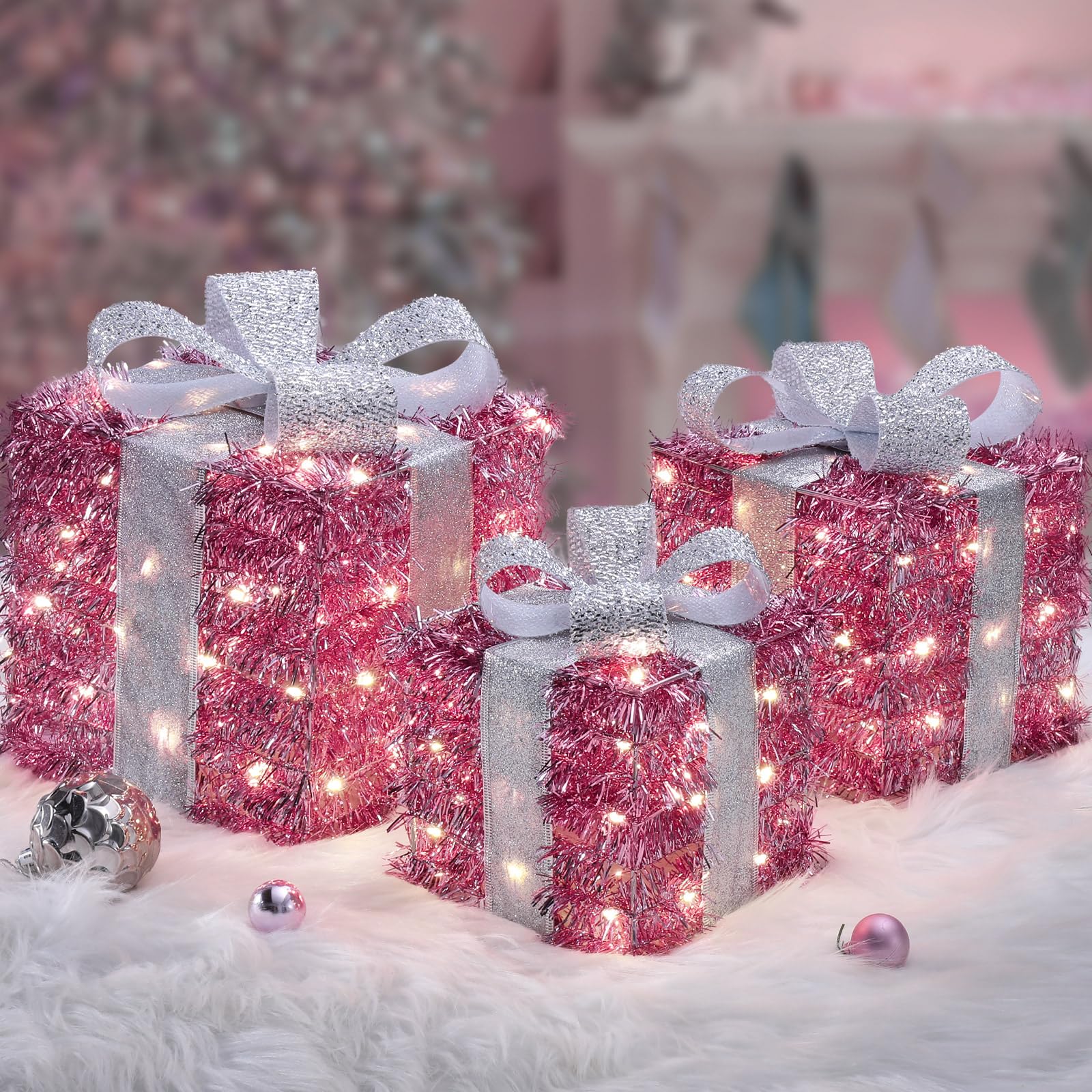 Quntis Christmas Lighted Gift Boxes, Pink Christmas Decorations Indoor 8 Modes & Timer Function Set of 3 Plug-in Light Up Present Boxes Christmas Decor 140 LEDs for Holiday Party Xmas Indoor Outdoor