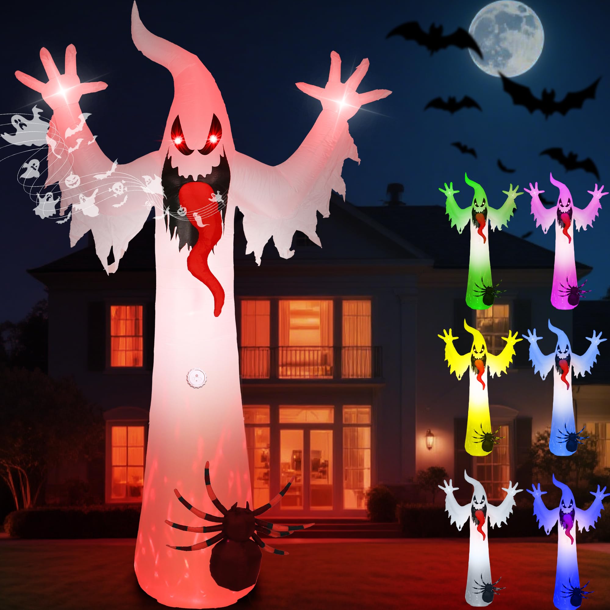 Quntis 12FT 8-Color Changing Halloween Inflatables Outdoor,Led Lighted Inflatable Spooky Ghost Spider Blow Up Yard Decorations with Scary Sound for Halloween Party Indoor,Yard,Garden,Lawn Decorations
