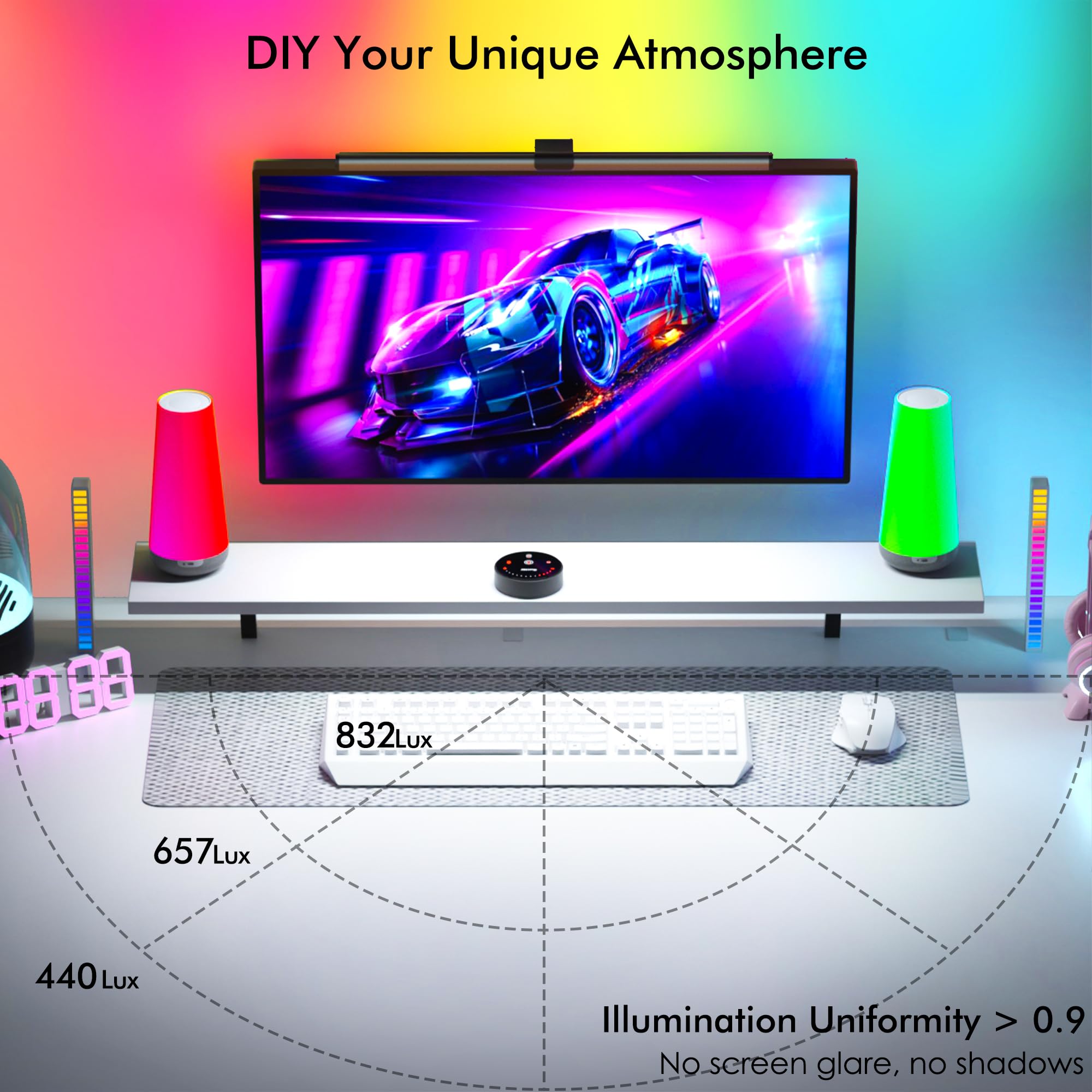 Quntis RGB Pro+ モニターライトバー リモコン付き、15モード ゲーミングバックライト、4色 & 明るさ調整可能なフロントライト、Ra95 アイケア USB 読書用モニターランプ、グレアなし、全モニター対応のアップグレードクリップ (20インチ)