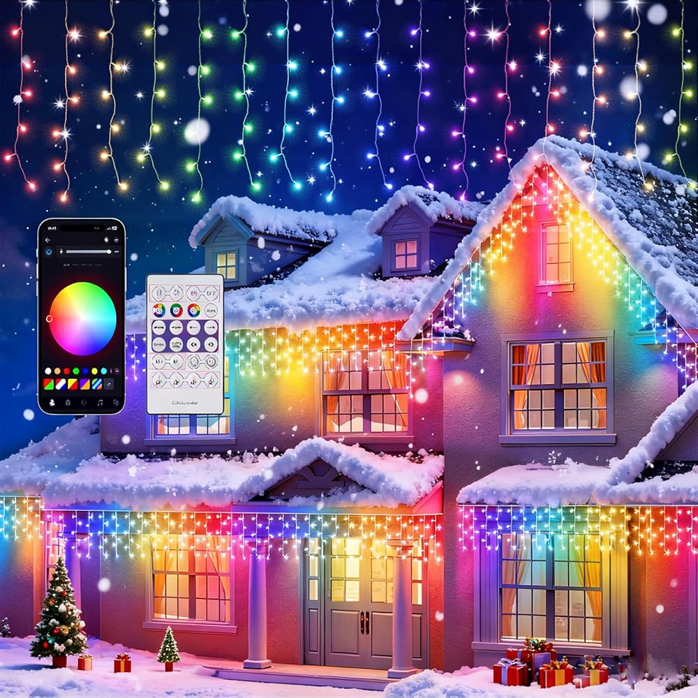 Quntis Smart RGBIC Icicle Lights 5M Wide (0.6m Drop), Twinkling/Flowing Effect, Music Sync, APP/Remote Controlled Outdoor Holiday Lights