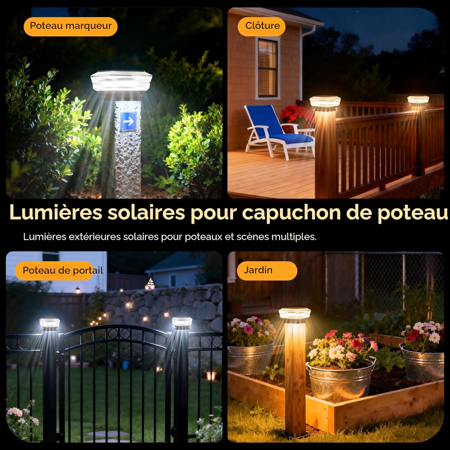 Quntis 10-Pack Waterproof Solar Post Caps, 3 Color Temperatures, 300LM High Brightness Solar Deck Lights, Auto On/Off, Fits 3.5-Inch and Larger Posts