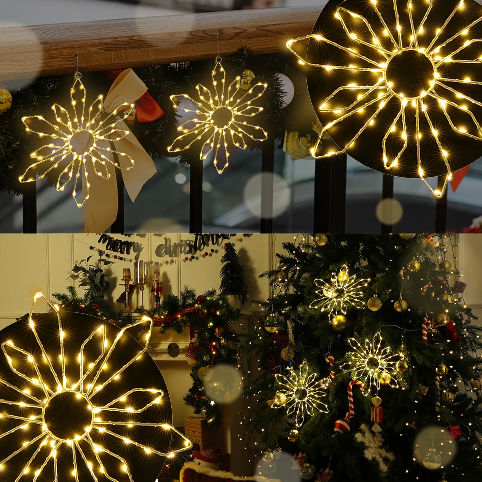 Quntis Christmas Snowflakes Window Lights Battery Operated, 3 Pack 240 LEDs Snowflake Curtain String Lights with Timer Memory, 8 Twinkle Modes Xmas House Indoor Winter Hanging Decoration, Warm White