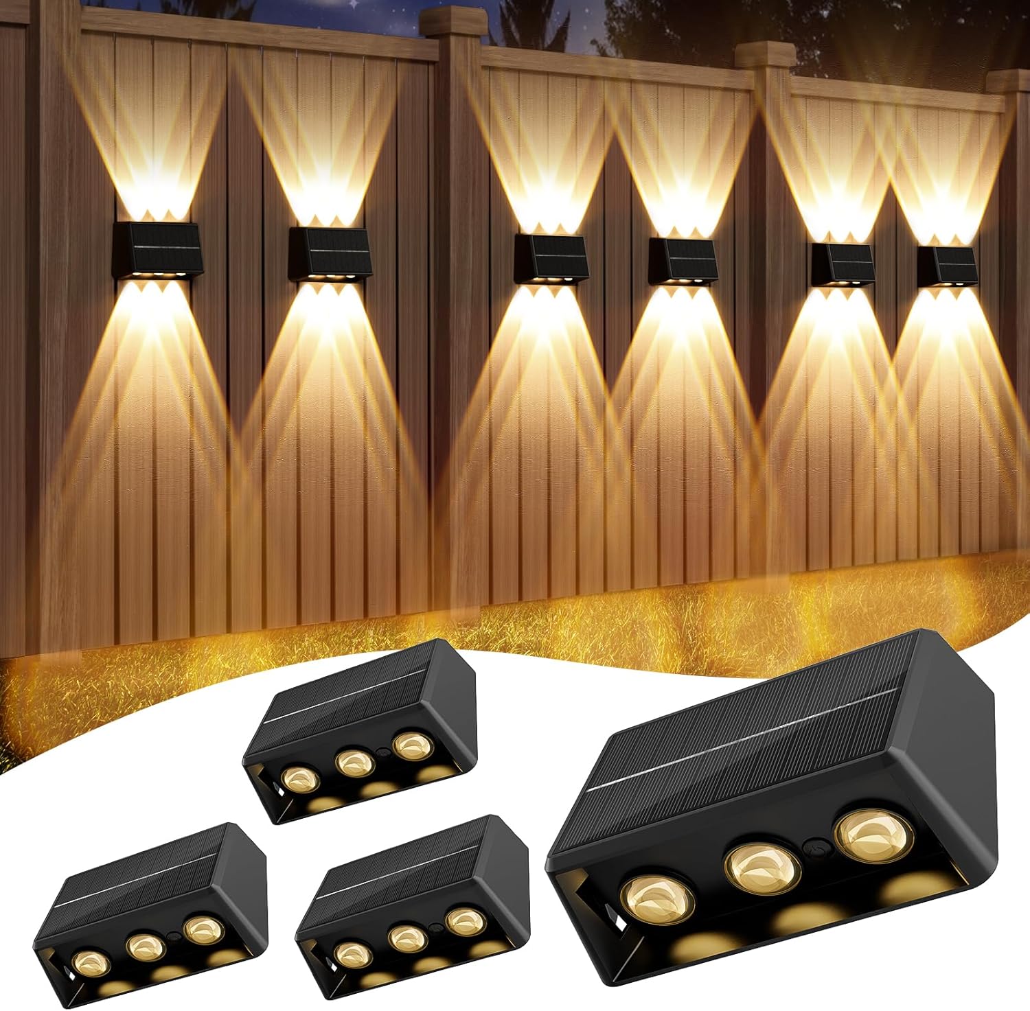 Quntis RGBCW Solar Fence Lights (4 Pack), 6-LED Up and Down Outdoor Wall Lights, IP65 Waterproof Wireless Solar Powered Sconces for Garden, Yard, Patio, and Pathway Decor