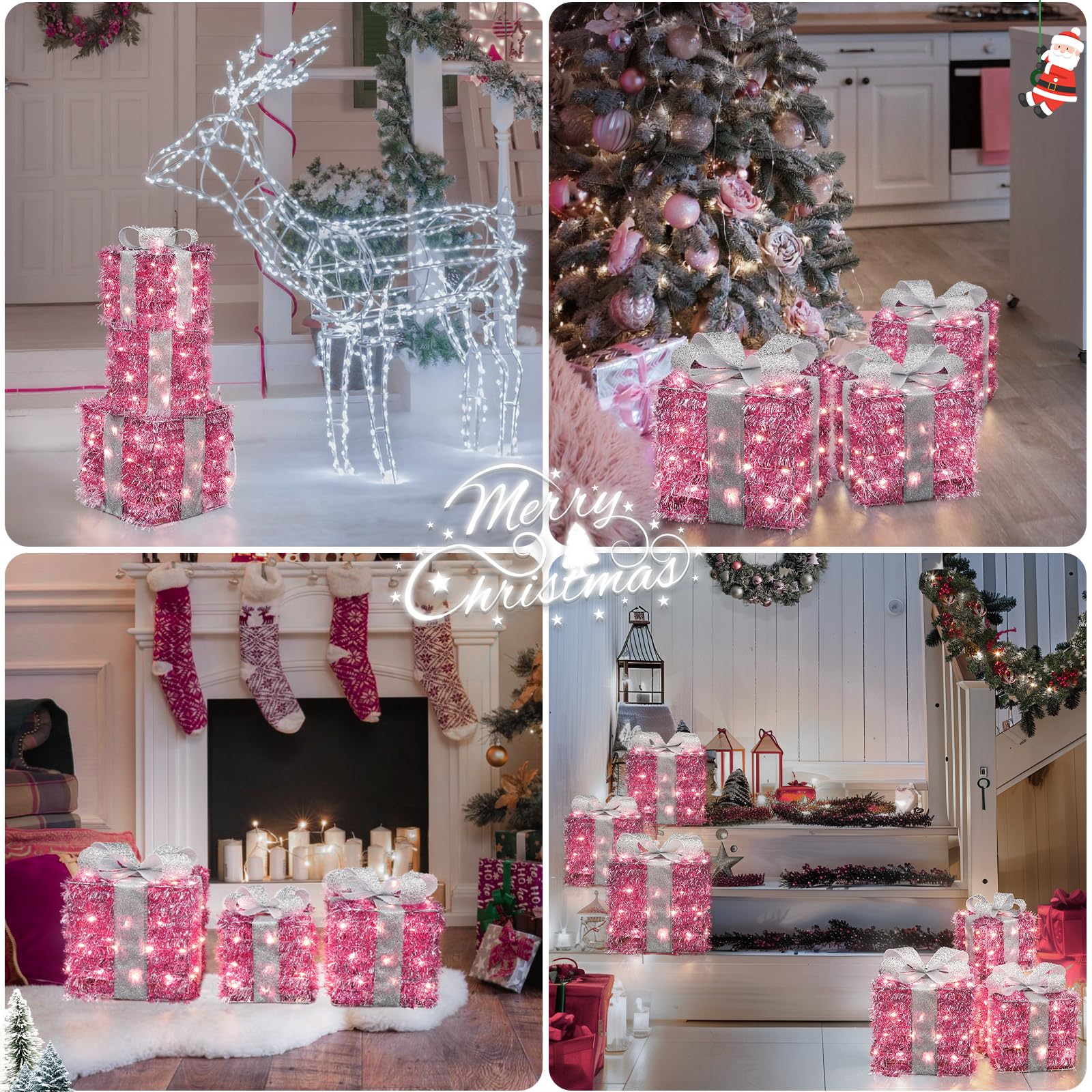 Quntis Christmas Lighted Gift Boxes, Pink Christmas Decorations Indoor 8 Modes & Timer Function Set of 3 Plug-in Light Up Present Boxes Christmas Decor 140 LEDs for Holiday Party Xmas Indoor Outdoor