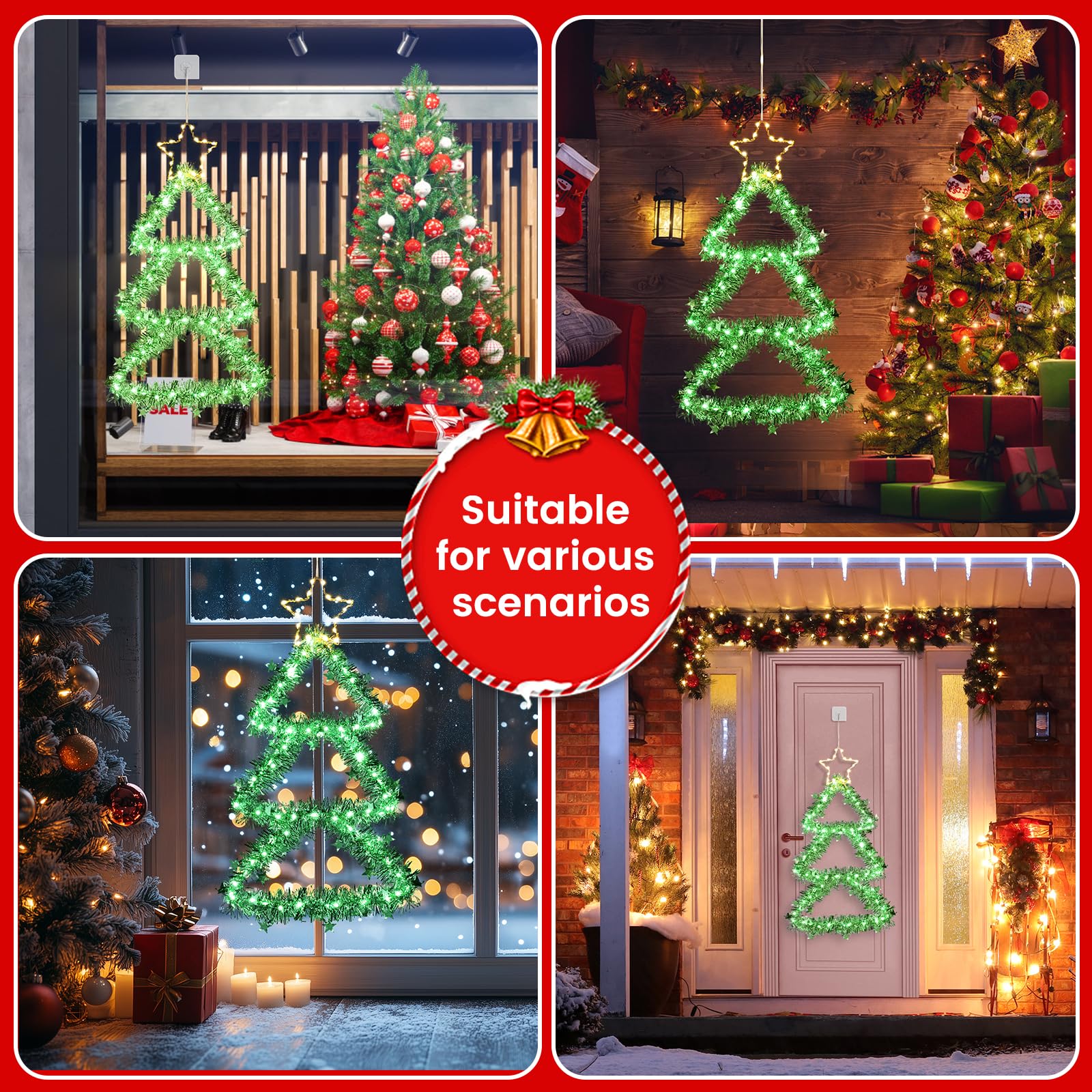 Quntis LED Christmas Decorations Lights, Green Lighted Christmas Tree with Silver Tinsel and Warm White Star Topper, Battery Operated Hanging Lights for Indoor Outdoor, Window Wall Door Home Decor