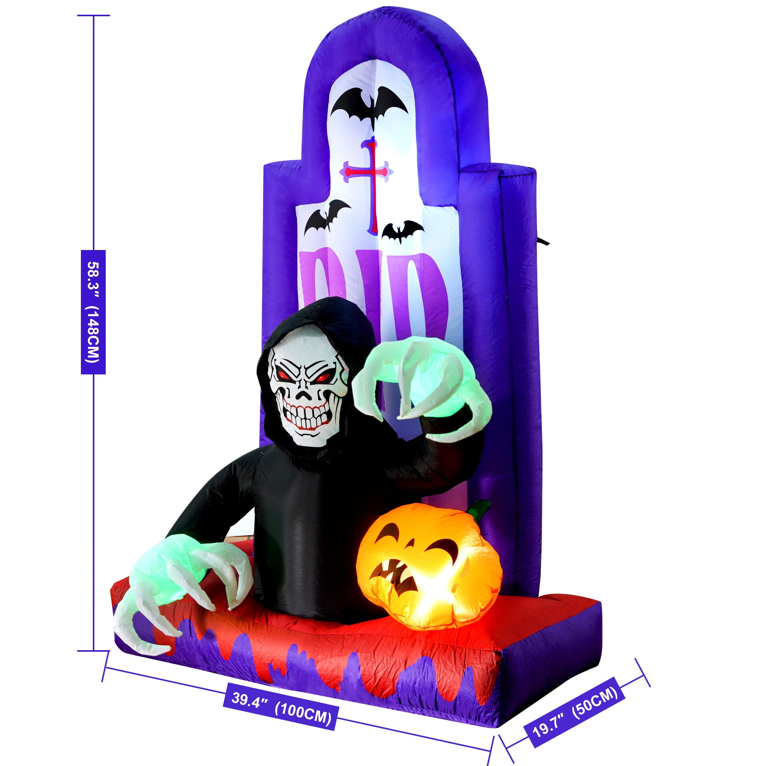 Quntis Inflatable Halloween Yard Decorations，Outdoor Blow Up Yard Grim Reaper Pumpkin Gravestones Decor，Built-in LED Lights for Outdoor Halloween Lawn Decor