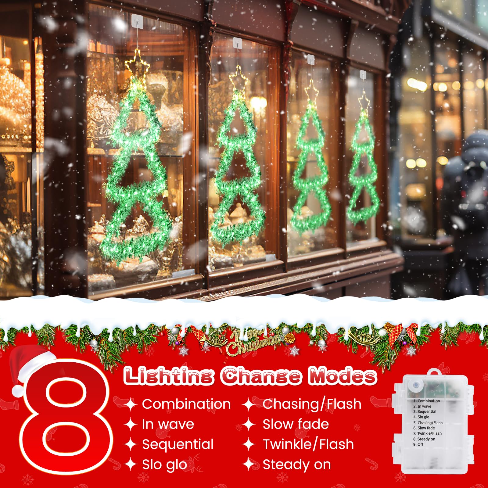 Quntis LED Christmas Decorations Lights, Green Lighted Christmas Tree with Silver Tinsel and Warm White Star Topper, Battery Operated Hanging Lights for Indoor Outdoor, Window Wall Door Home Decor