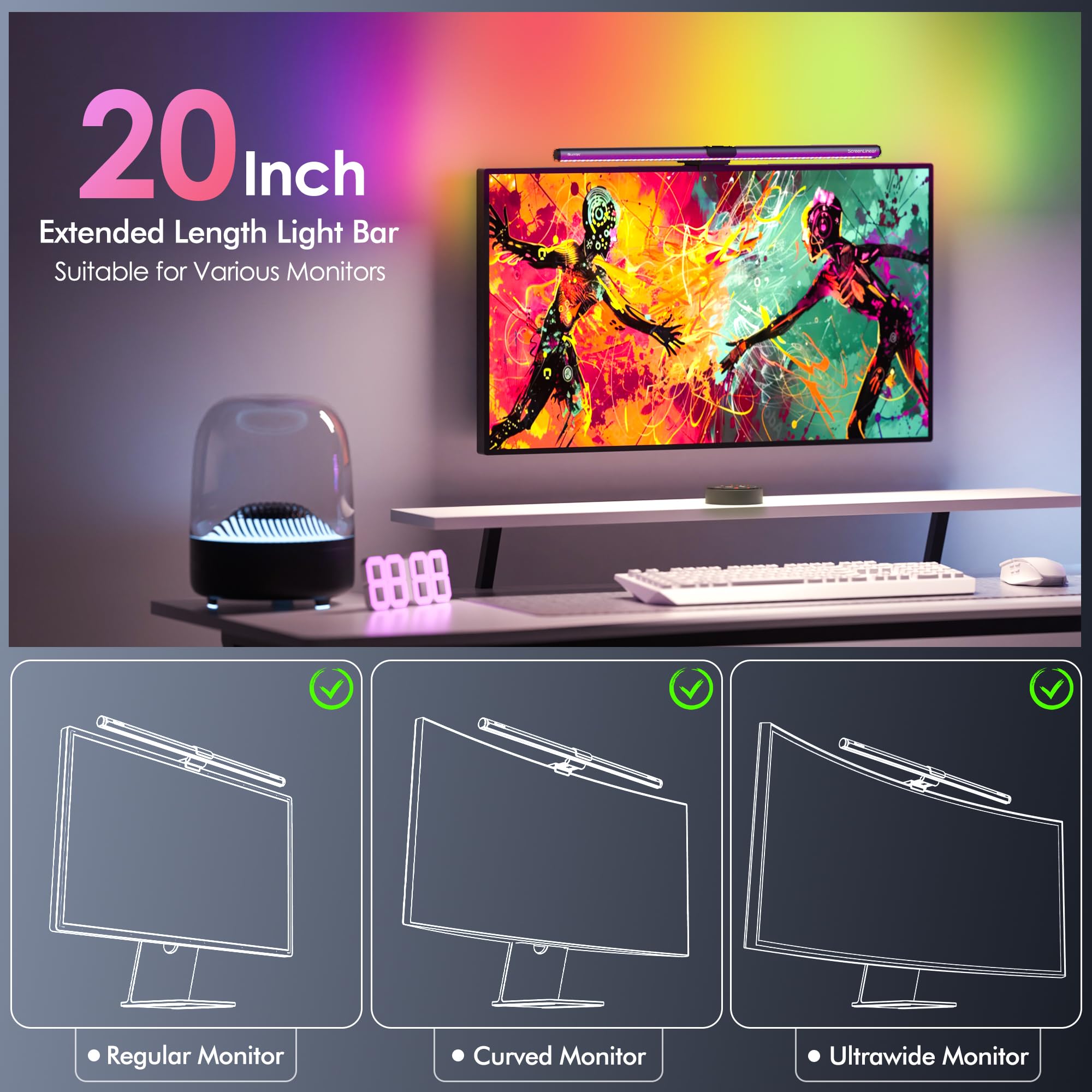 Quntis RGB Pro+ モニターライトバー リモコン付き、15モード ゲーミングバックライト、4色 & 明るさ調整可能なフロントライト、Ra95 アイケア USB 読書用モニターランプ、グレアなし、全モニター対応のアップグレードクリップ (20インチ)