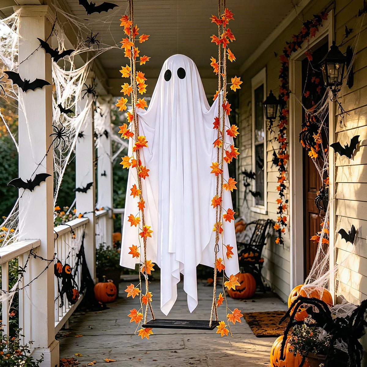 Halloween-Geisterschaukel in Ahornblattform mit Beleuchtung, wasserdichte hängende LED-Dekoration mit Fernbedienung und 8 Modi für Veranda, Hof und Garten
