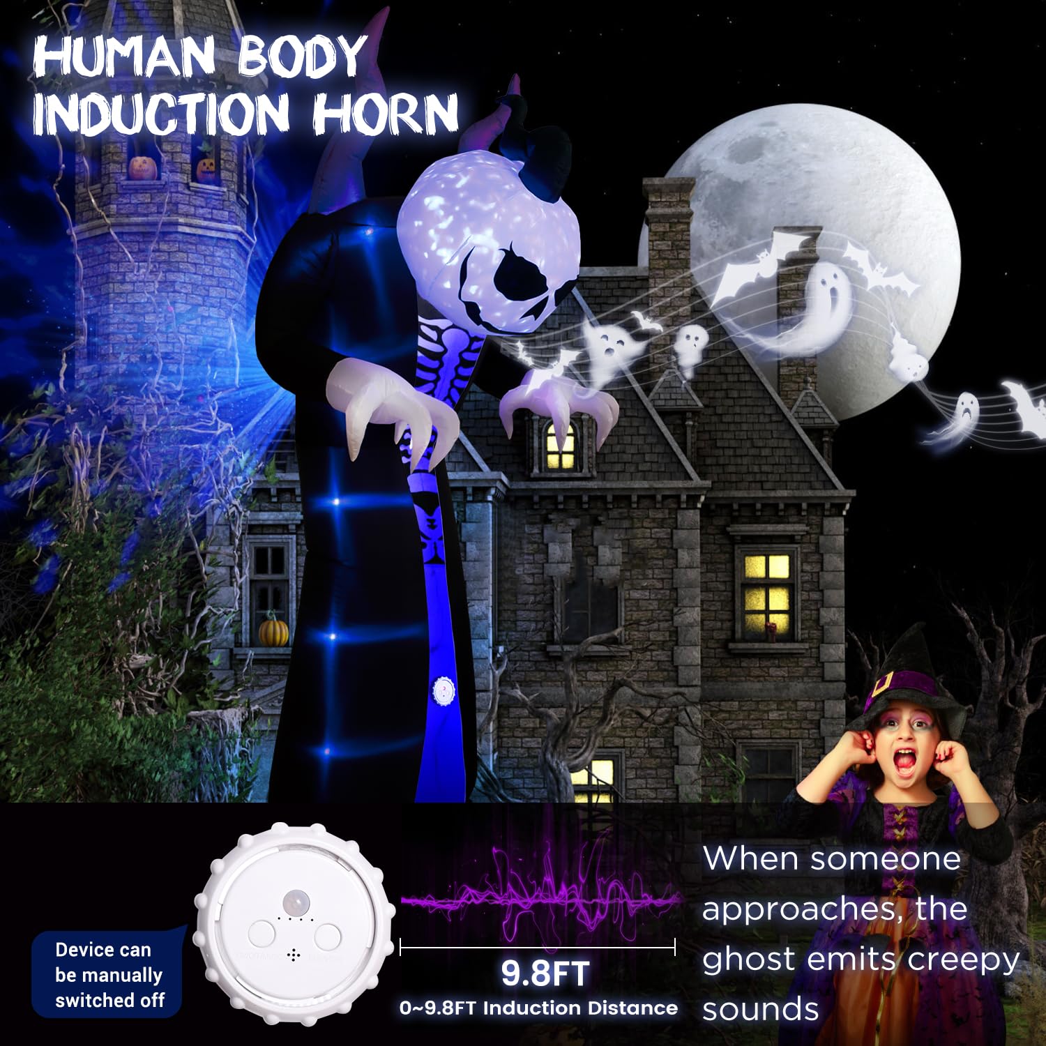 10FT Halloween Inflatable Grim Reaper Ghost – Screaming Horn, Flame Projection, and Pumpkin Head, Outdoor Blow-Up Yard Decoration for Lawn and Garden