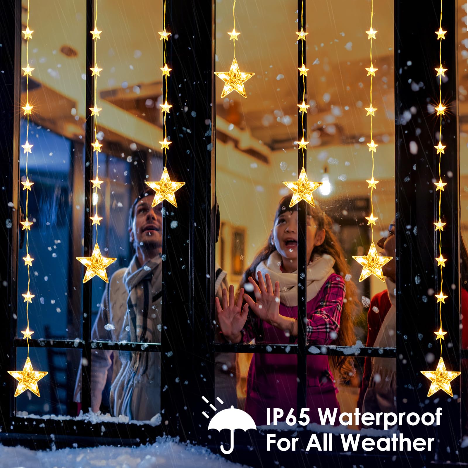 Quntis Christmas Star Window Lights, 1.5m 46 Led Star Curtain Lights 8 Modes Ip65 Waterproof Warm White & RGB Fairy Lights Battery Operated for Indoor Outdoor Home Bedroom Garden Party Decoration