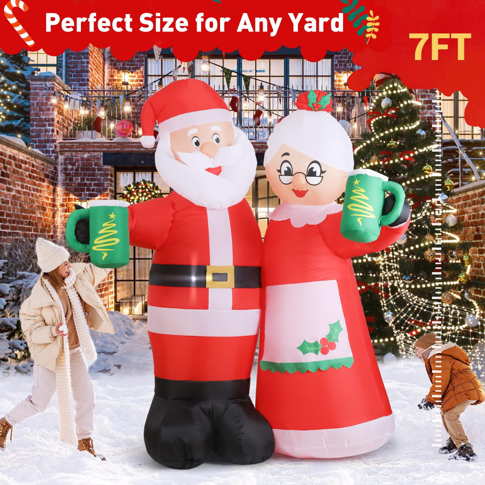 Quntis 7FT Animated Christmas Inflatables Santa Claus Outdoor Decorations, Cheers Santa Inflatable Christmas Decorations with Built-in LEDs, Christmas Blow Up Yard Decorations for Garden Lawn Outdoor