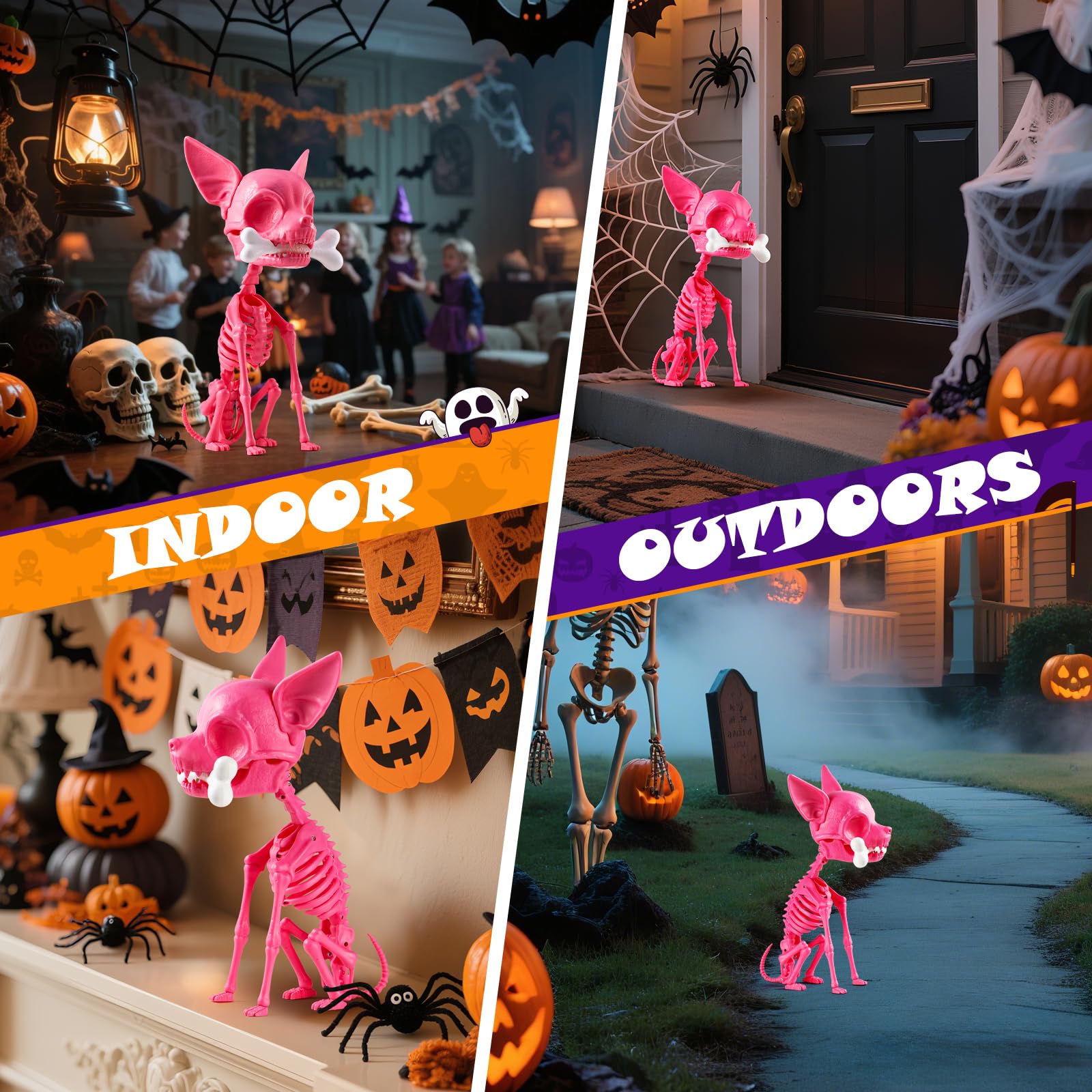 Quntis Halloween Skeleton Dog Decor - 15inch Pink Cute Puppy Bones - Realistic ABS Animal Skeleton for Outdoor Indoor Graveyard Party Display, 2025 Showstopper Halloween Decorations