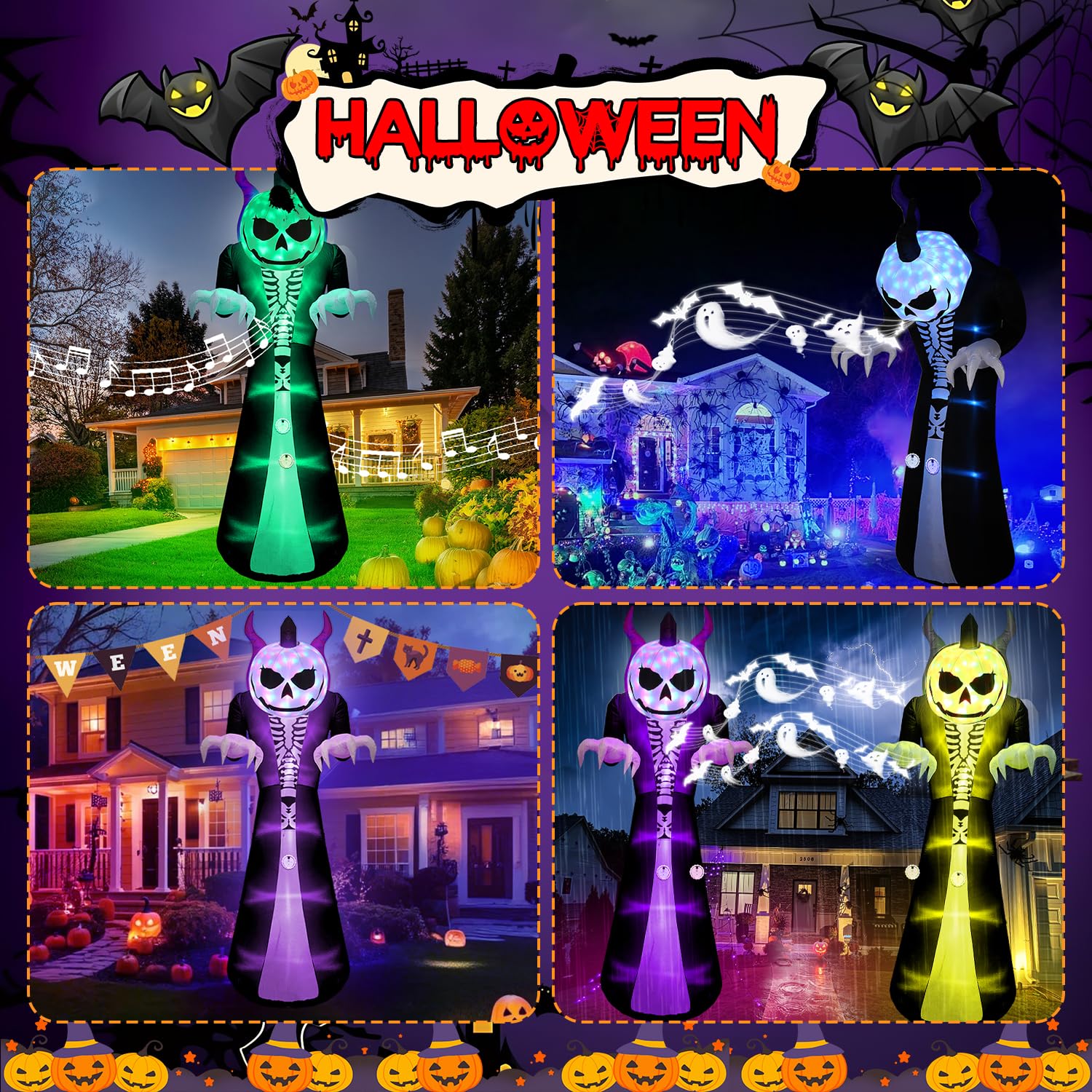 Quntis 10FT 8-Color Changing Inflatable Halloween Decorations Outdoor,Quntis Halloween Inflatables Grim Reaper Ghost Led Lighted with Scream Sound,Spooky Blow-Up Inflatable Pumpkin Ghost for Garden Yard Lawn