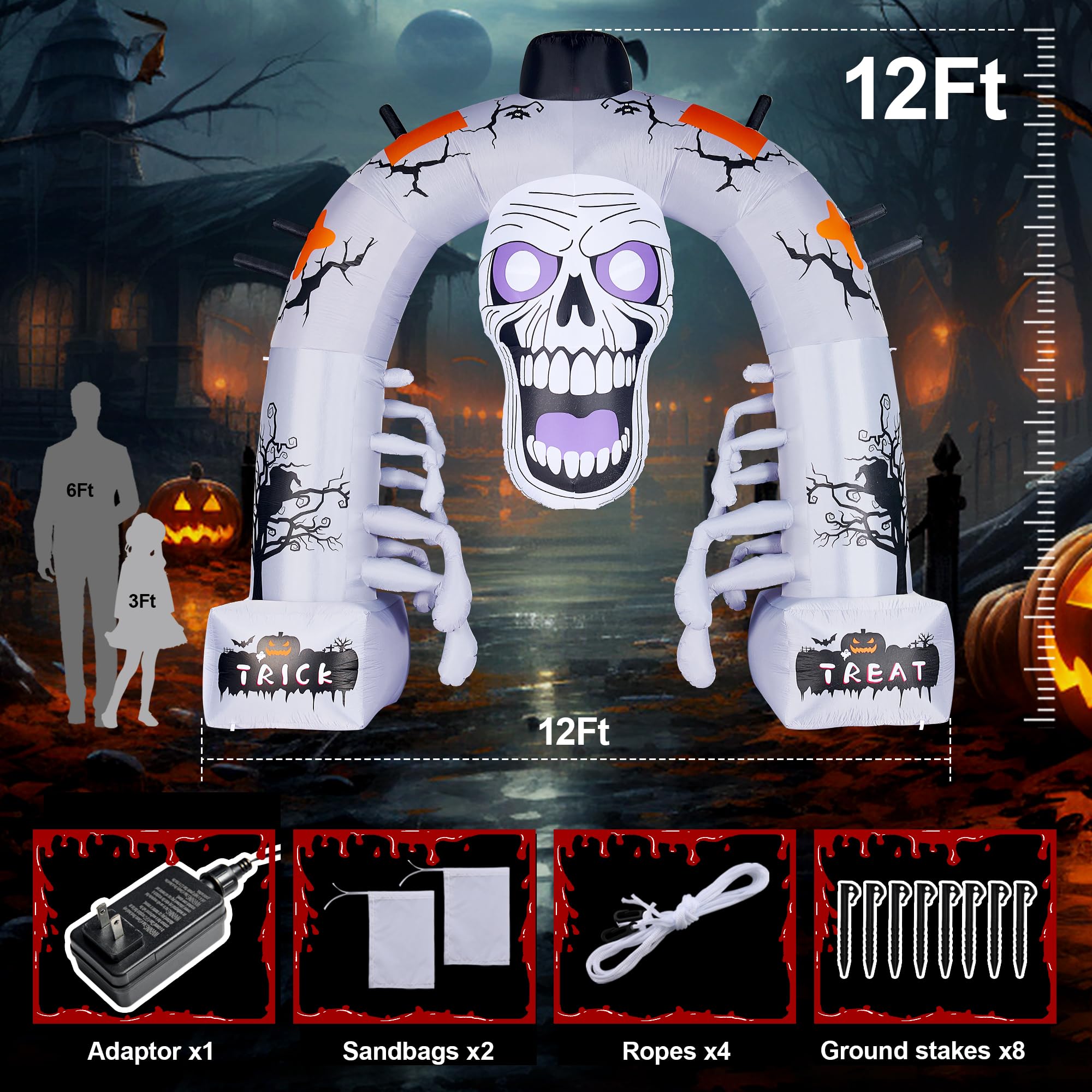 Quntis 12 FT Halloween Inflatables, Scary Skeleton Archway Halloween Inflatable Outdoor Decoration, Build-in LEDs Spooky Blow Up Yard Halloween Arch for Decor Outside Holiday Party Garden Lawn