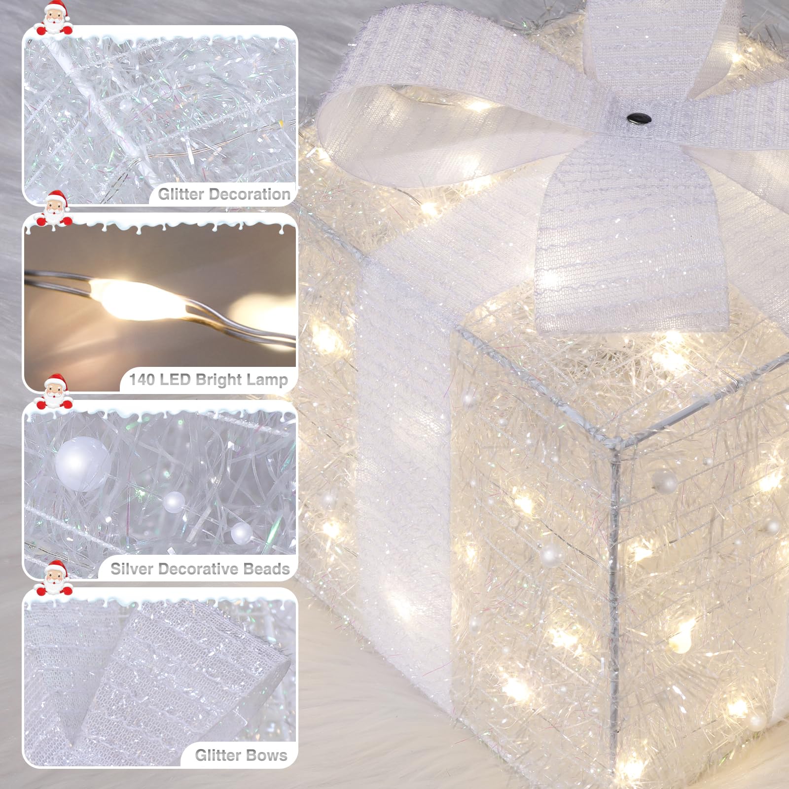 Quntis Christmas Lighted Gift Boxes, Set of 3 Christmas Decoration Present Boxes with 140 LED Lights, 8 Flash Modes Christmas Decor Plug in,Xmas Boxes for Christmas Tree Indoor Outdoor Home Front Door