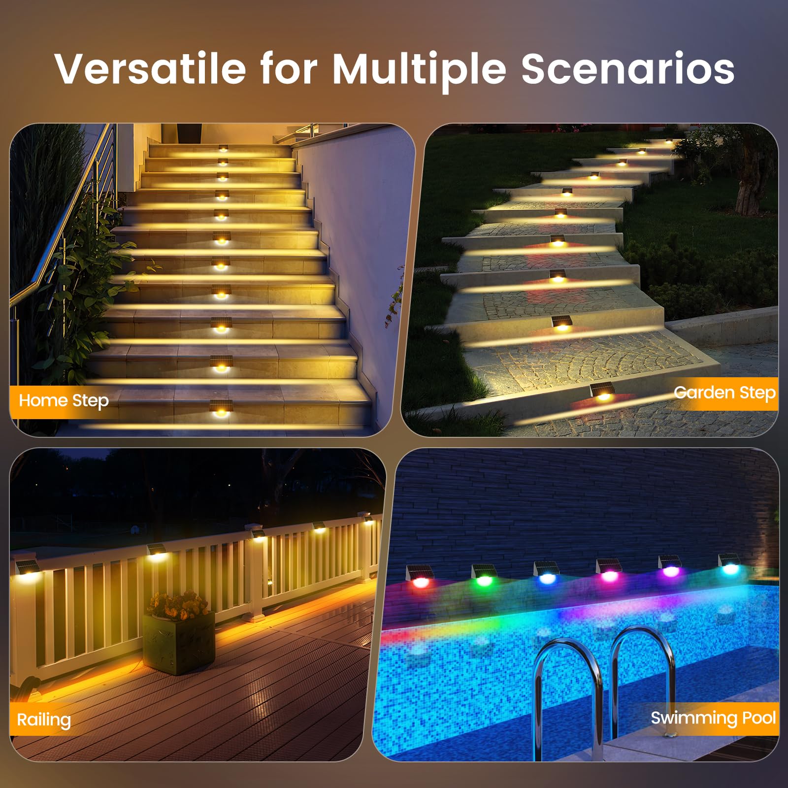 Quntis RGBWW Solar Step Lights, 10 Color Mode IP65 Waterproof Professional Lighting for Outdoor Stairs and Steps