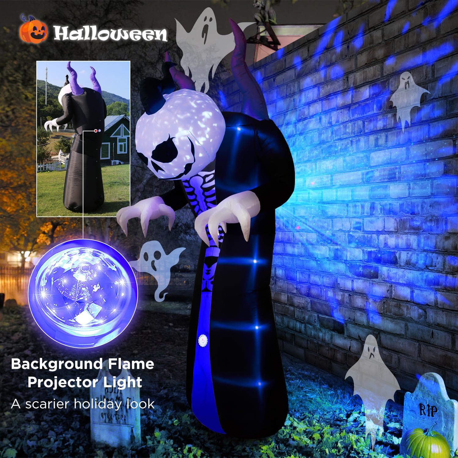 10FT Halloween Inflatable Grim Reaper Ghost – Screaming Horn, Flame Projection, and Pumpkin Head, Outdoor Blow-Up Yard Decoration for Lawn and Garden