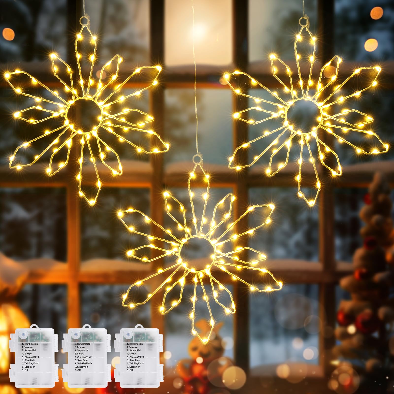 Quntis Christmas Snowflakes Window Lights Battery Operated, 3 Pack 240 LEDs Snowflake Curtain String Lights with Timer Memory, 8 Twinkle Modes Xmas House Indoor Winter Hanging Decoration, Warm White