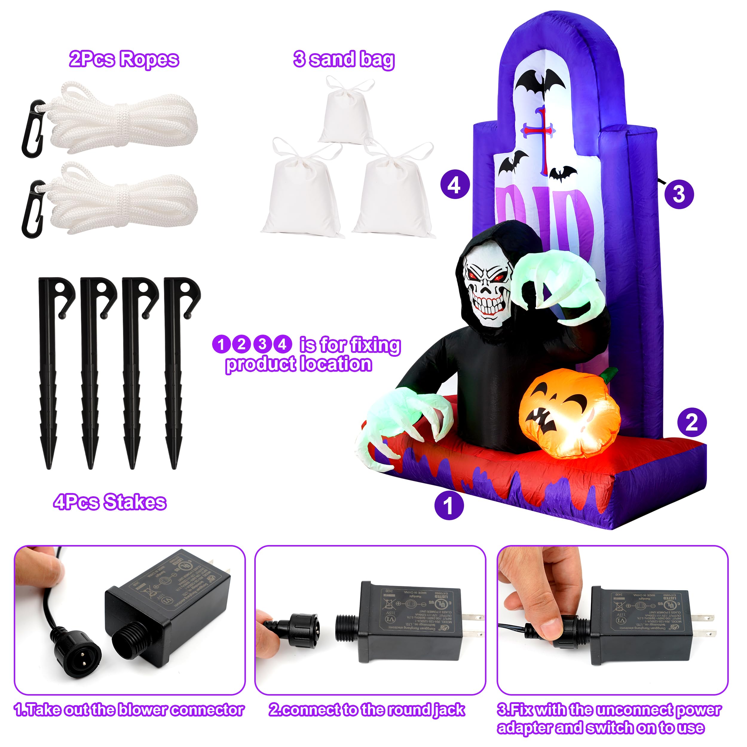 Quntis Inflatable Halloween Yard Decorations，Outdoor Blow Up Yard Grim Reaper Pumpkin Gravestones Decor，Built-in LED Lights for Outdoor Halloween Lawn Decor