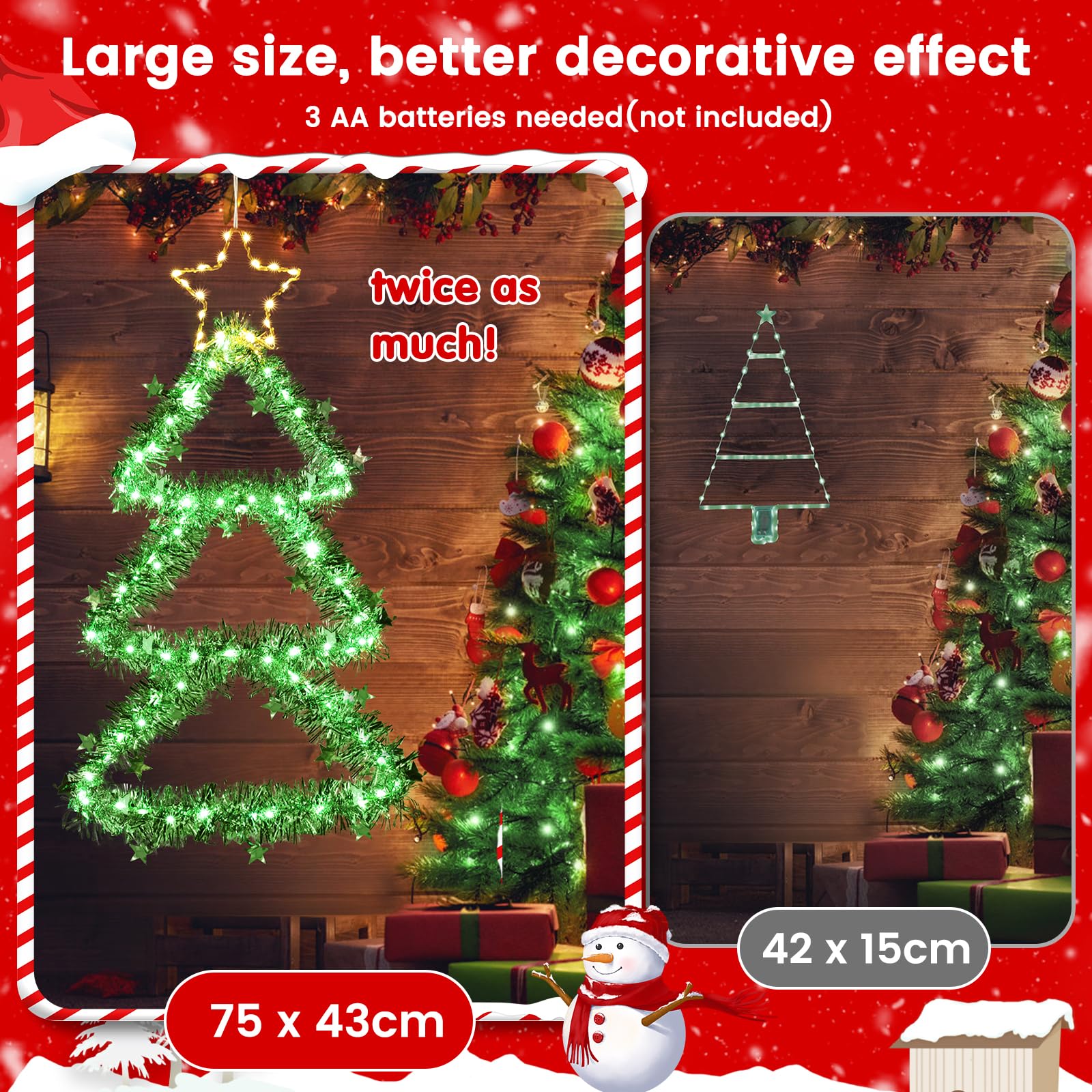 Quntis LED Christmas Decorations Lights, Green Lighted Christmas Tree with Silver Tinsel and Warm White Star Topper, Battery Operated Hanging Lights for Indoor Outdoor, Window Wall Door Home Decor
