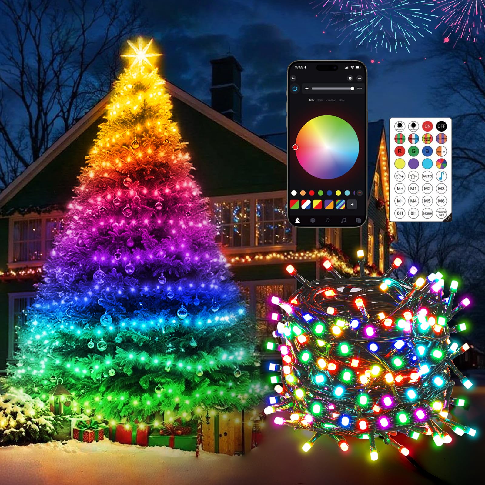 Quntis 30M 300LED Smart Christmas String Lights DIY Control APP & Remote Control, RGB Color Christmas Tree Lights, 200+Dynamic Scene Mode, Decorative for Indoor Outdoor Halloween and Other Festivals