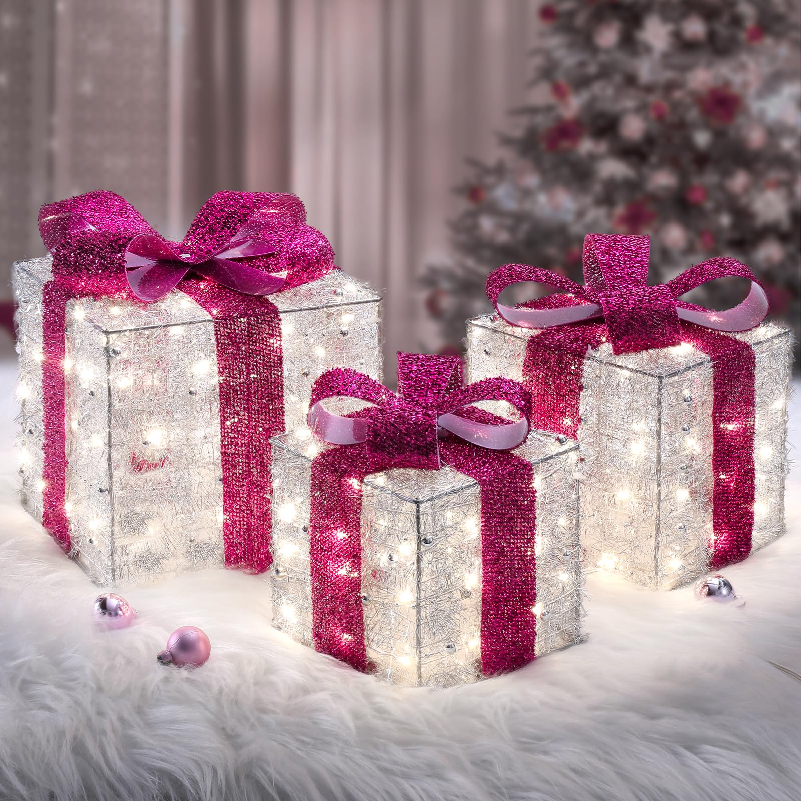 Quntis Christmas Decorations, Set of 3 Valentine's Day Gift Boxes with 140 LED Lights, 8 Flash Modes Lighted Present Boxes, Hot Pink Bow Xmas Boxes for Christmas Tree Indoor Outdoor Home Front Door