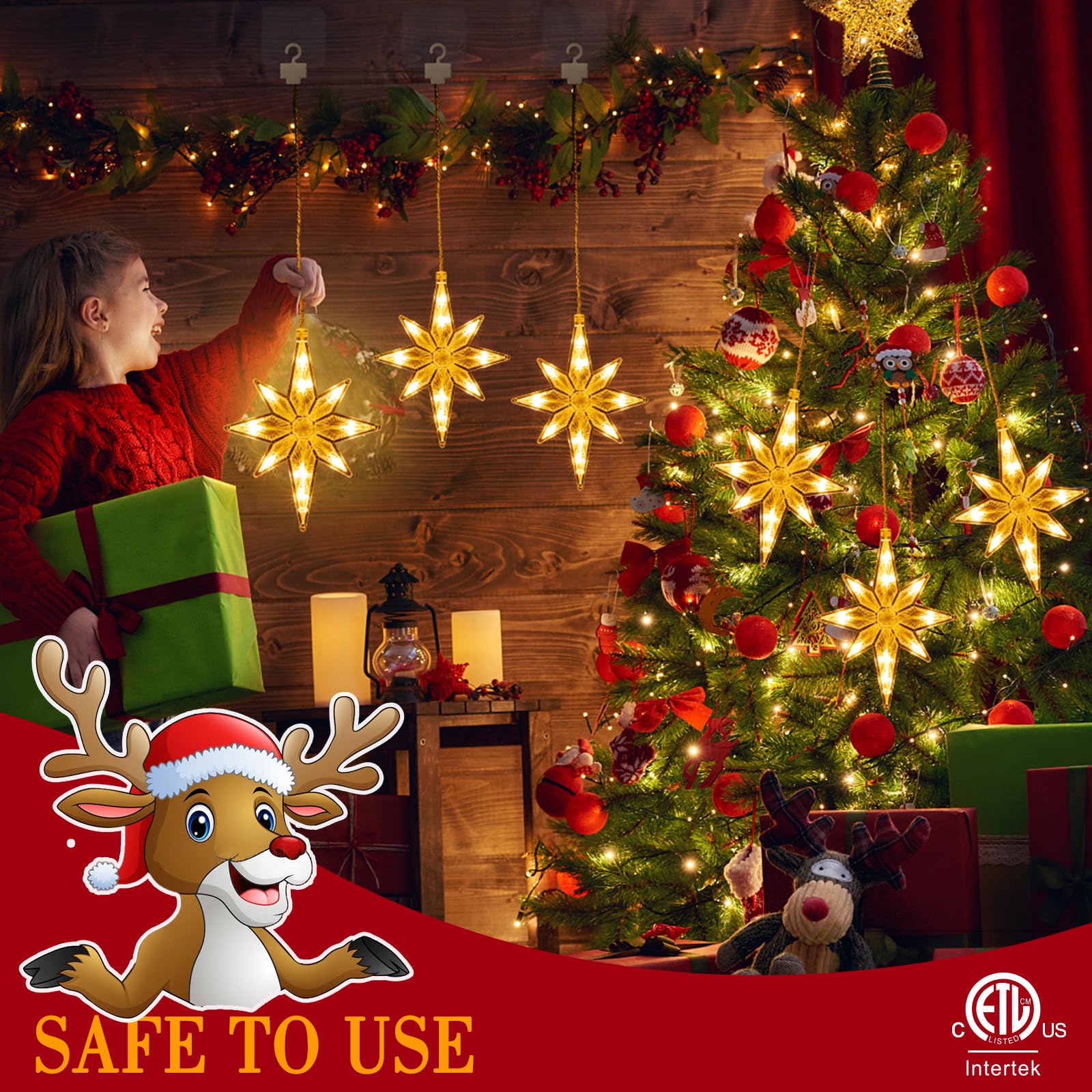 Quntis 3-in-1 クリスマススターライト – LED 屋内外用クリスマスライト、窓、キッチン、リビングルーム、ダイニングルーム用、暖かい白
