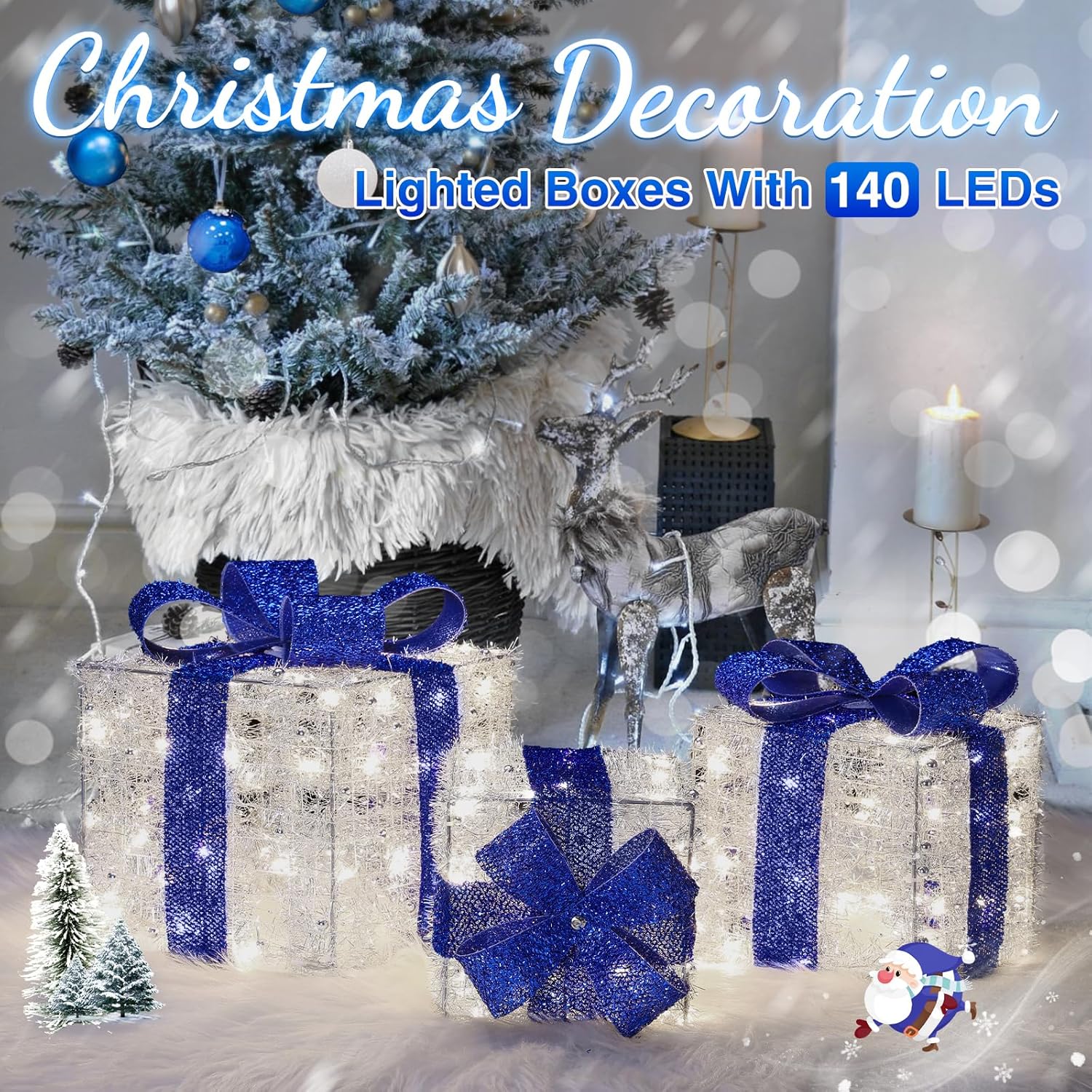 Blaue Weihnachtslichter Geschenkboxen, 140 LEDs, Set von 3 – 8 Modi & Timer-Funktion für Innen-/Außen-Weihnachtsdekoration